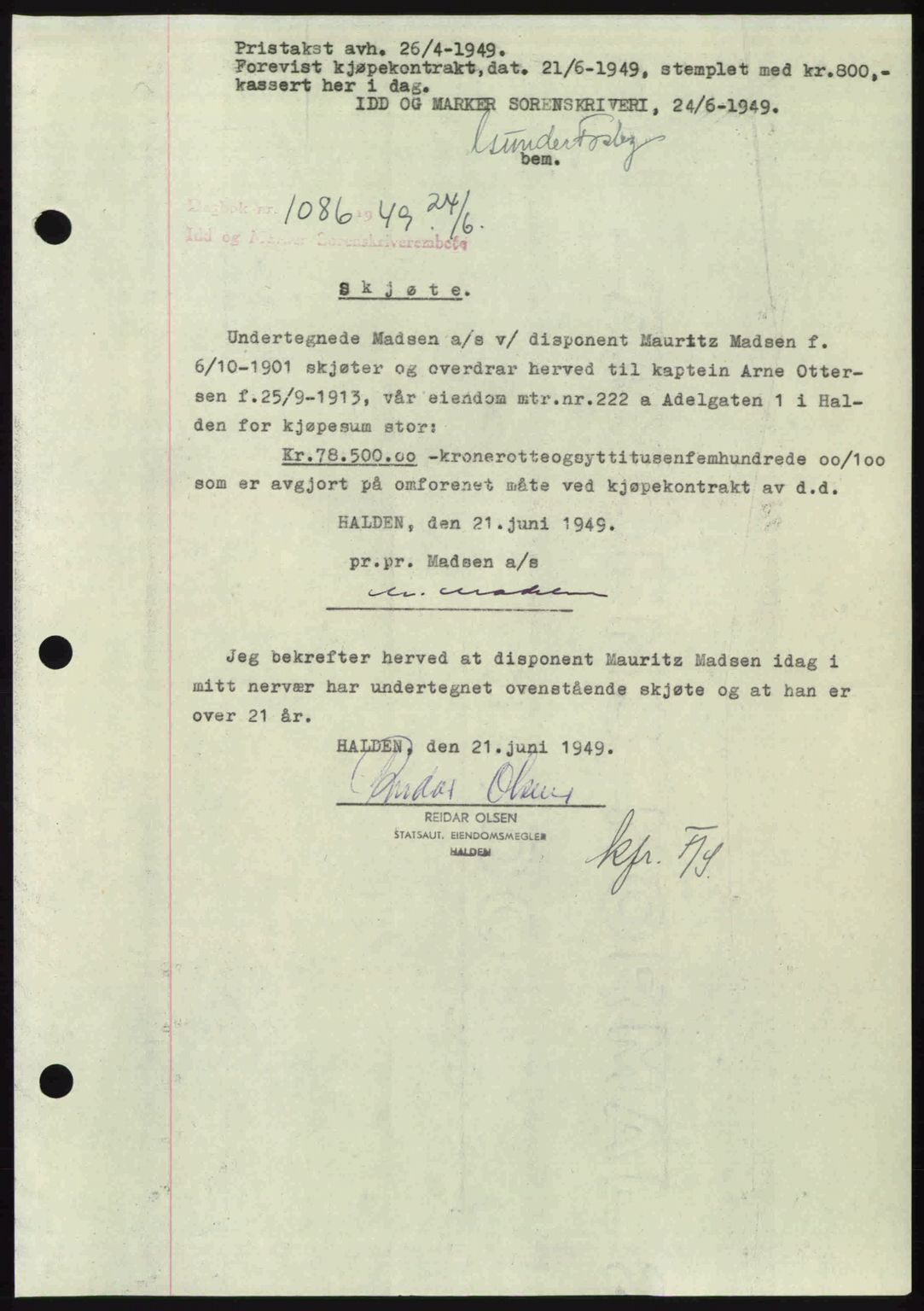 Idd og Marker sorenskriveri, AV/SAO-A-10283/G/Gb/Gbb/L0012: Pantebok nr. A12, 1949-1949, Dagboknr: 1086/1949