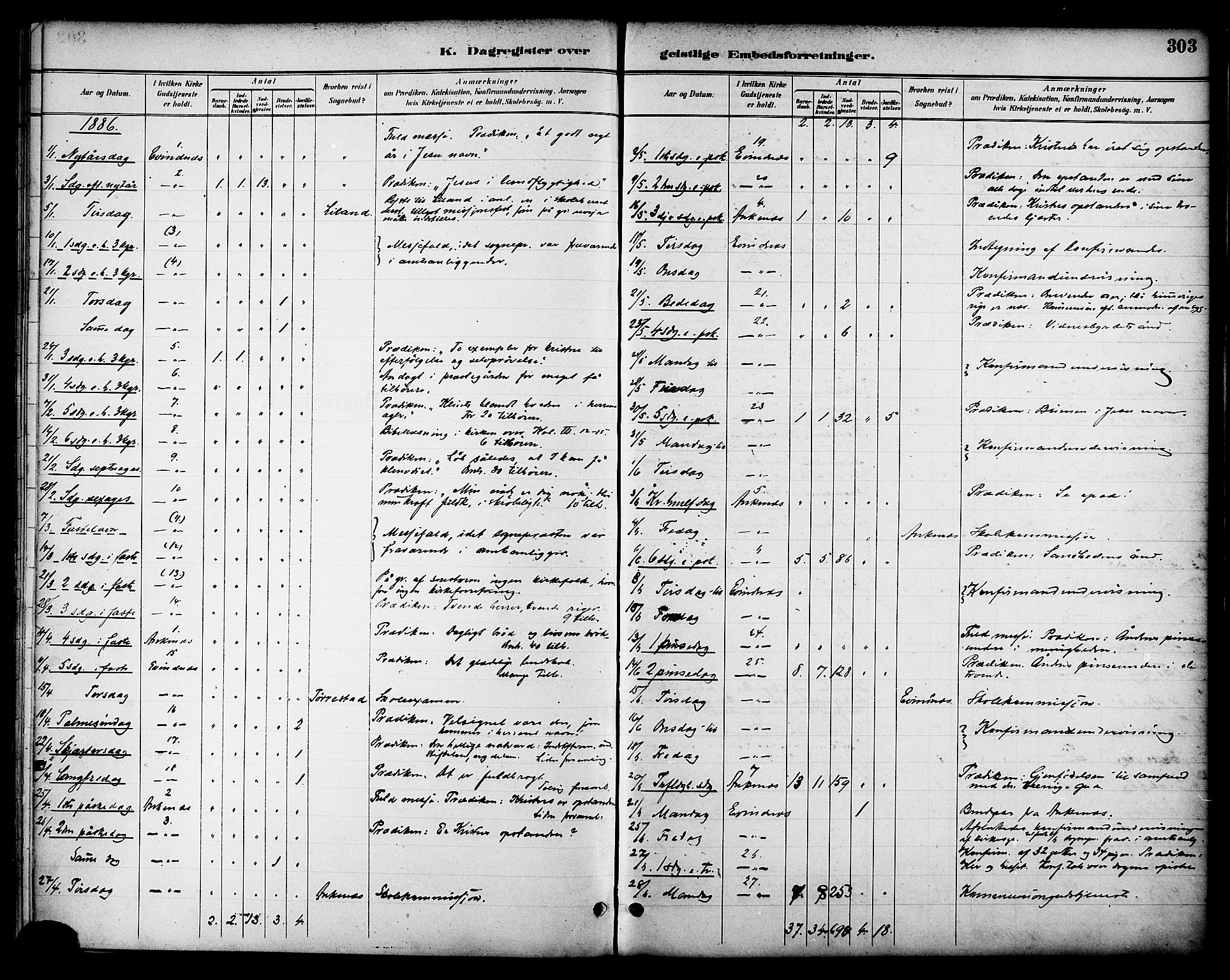 Ministerialprotokoller, klokkerbøker og fødselsregistre - Nordland, AV/SAT-A-1459/863/L0898: Ministerialbok nr. 863A10, 1886-1897, s. 303