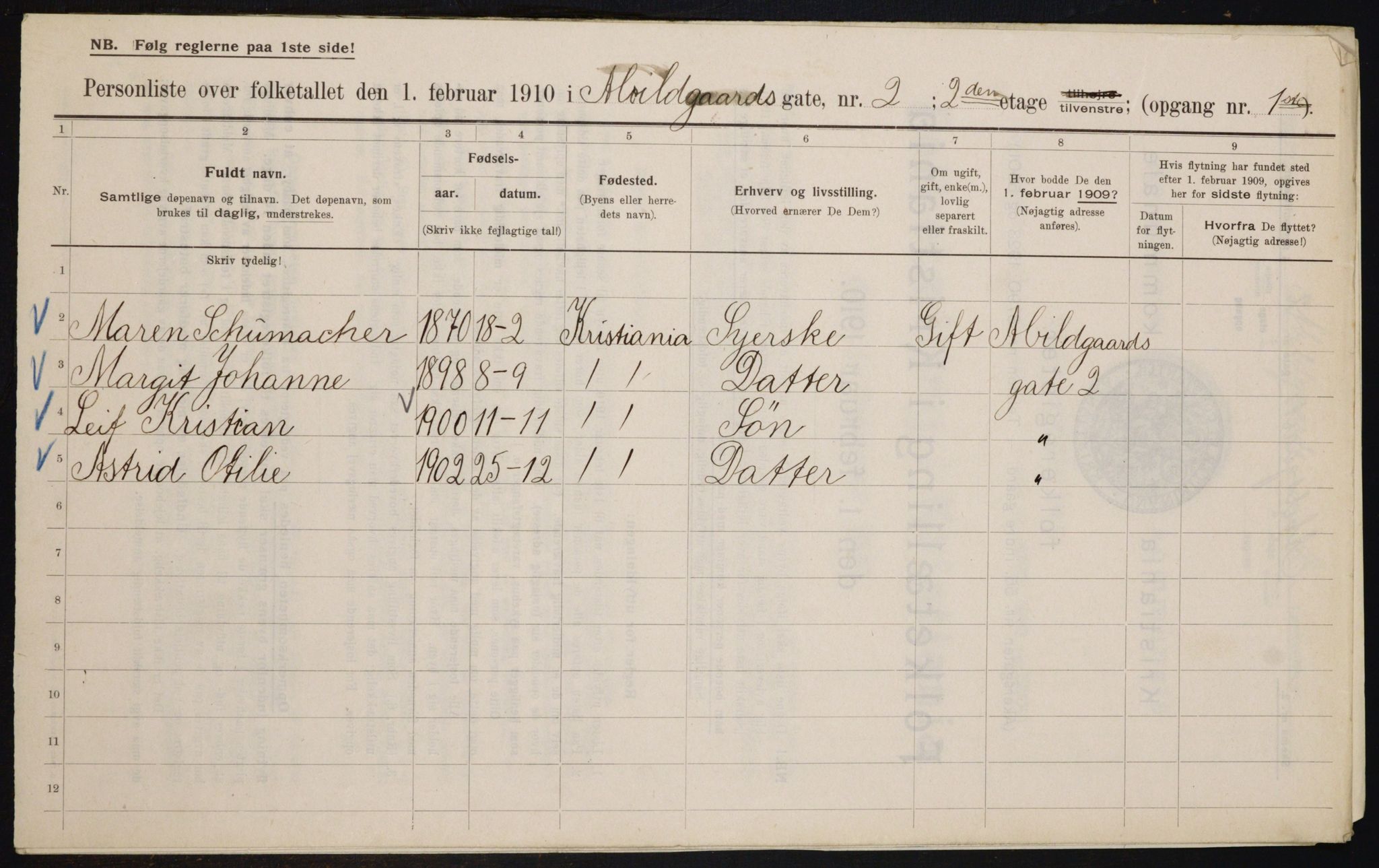 OBA, Kommunal folketelling 1.2.1910 for Kristiania, 1910, s. 6