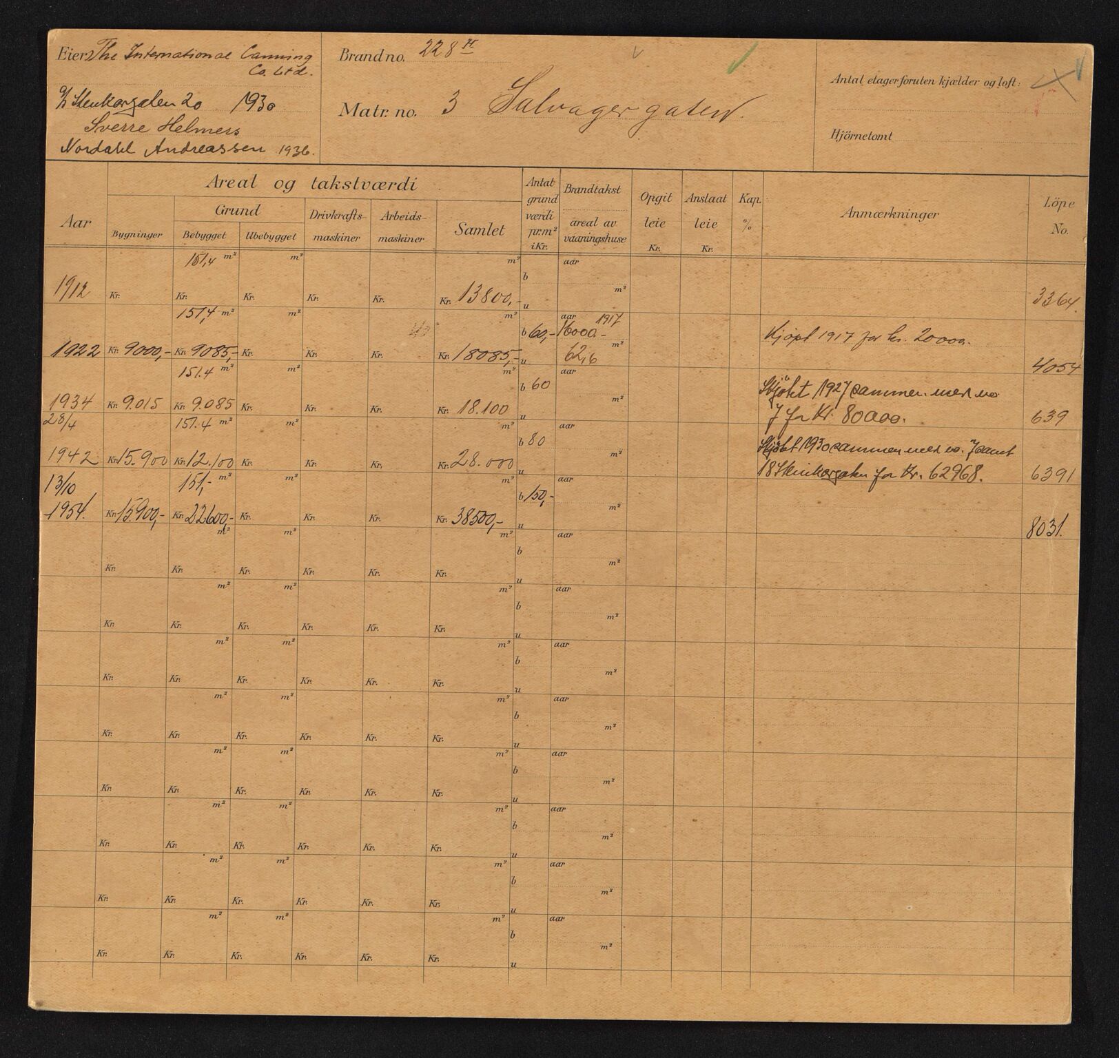 Stavanger kommune. Skattetakstvesenet, BYST/A-0440/F/Fa/Faa/L0038/0002: Skattetakstkort / Salvågergata 3 - Sandeidgata 36