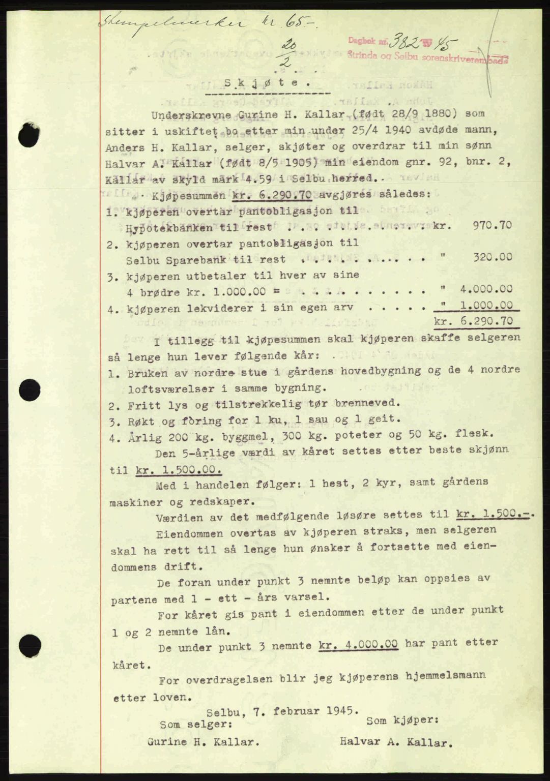 Strinda og Selbu sorenskriveri, SAT/A-0015/2/2C: Pantebok nr. A9, 1944-1945, Dagboknr: 382/1945