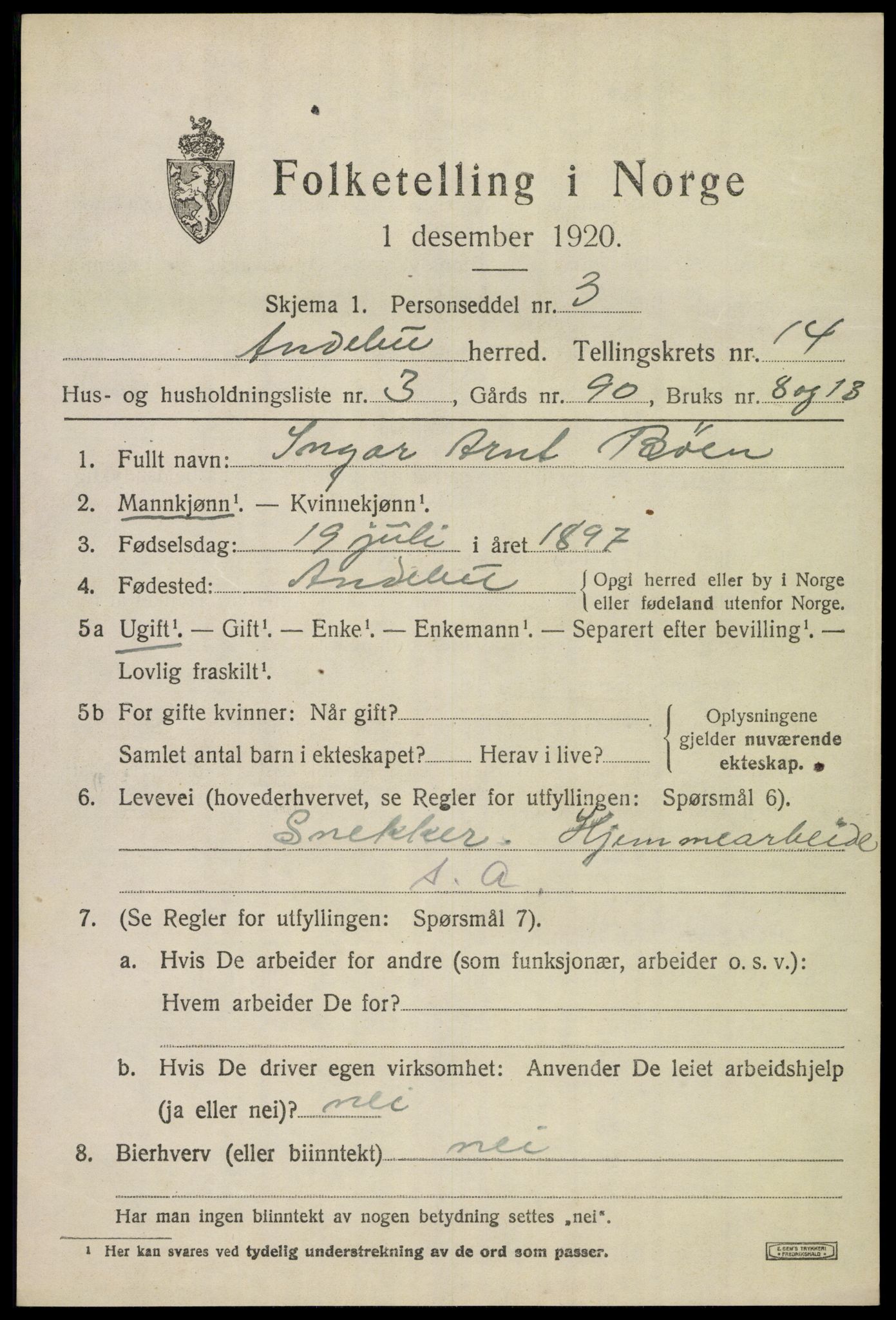 SAKO, Folketelling 1920 for 0719 Andebu herred, 1920, s. 5134