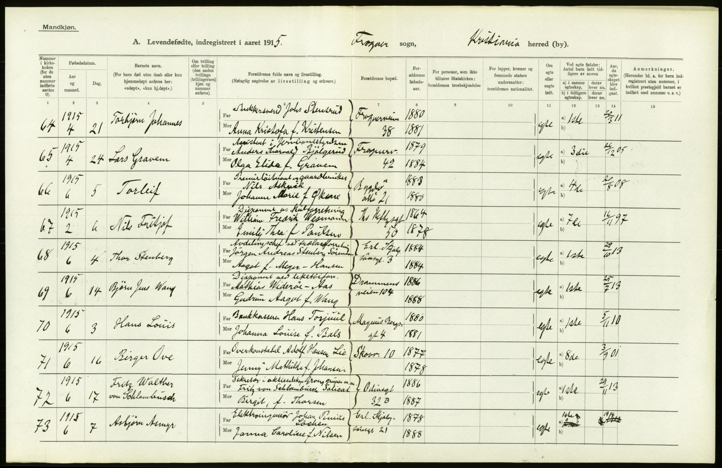 Statistisk sentralbyrå, Sosiodemografiske emner, Befolkning, AV/RA-S-2228/D/Df/Dfb/Dfbe/L0007: Kristiania: Levendefødte menn og kvinner., 1915, s. 562