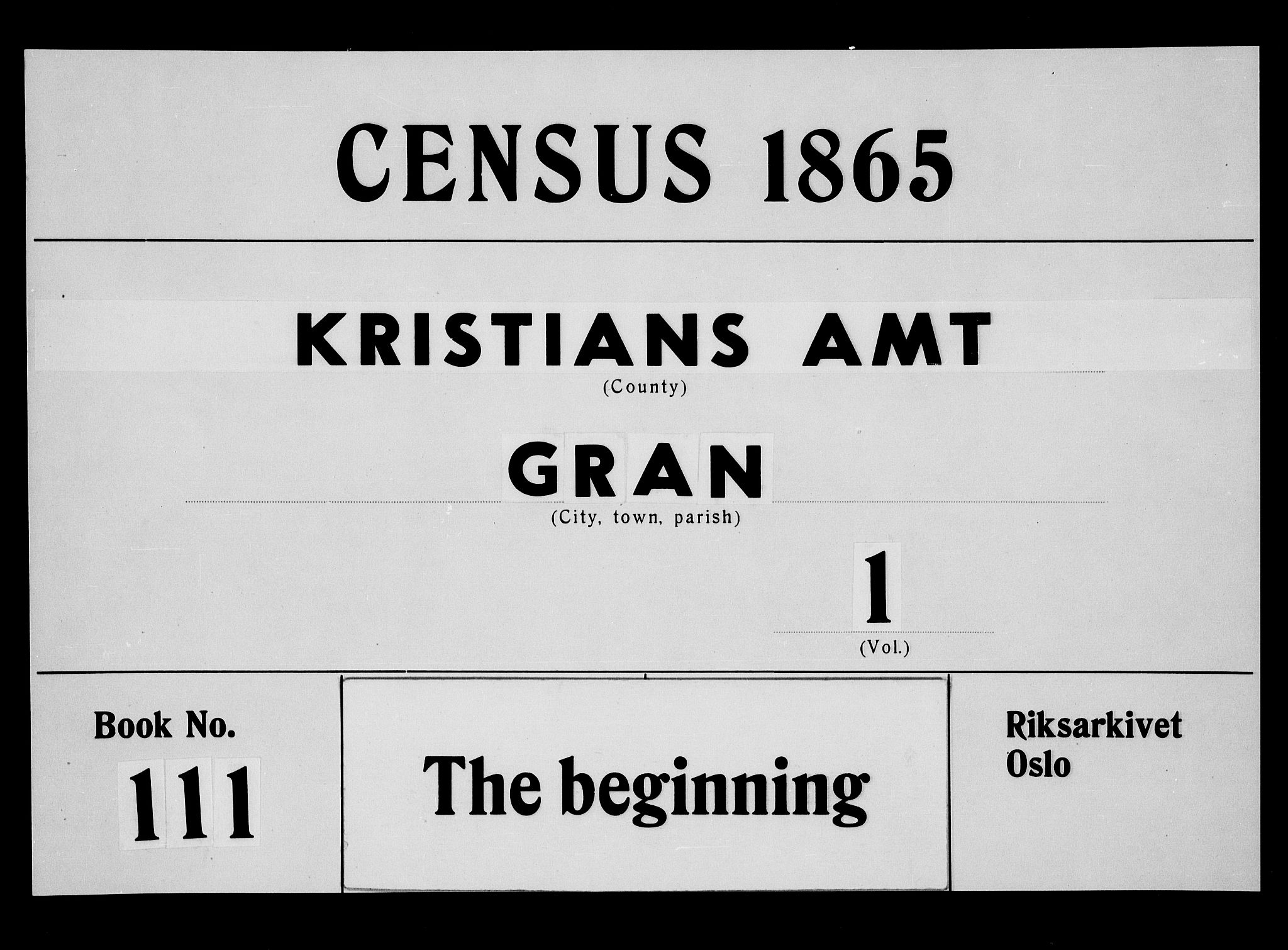 RA, Folketelling 1865 for 0534P Gran prestegjeld, 1865, s. 1