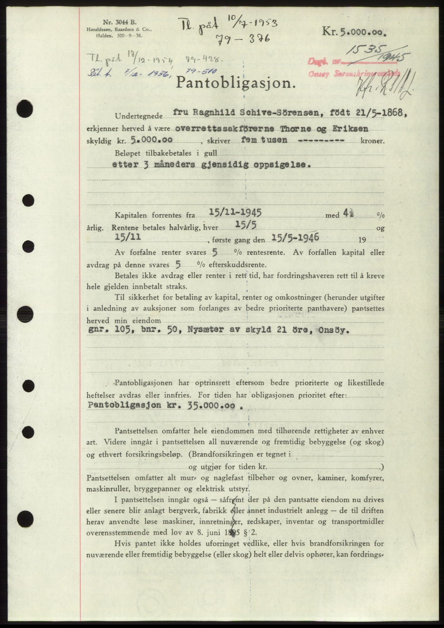 Onsøy sorenskriveri, SAO/A-10474/G/Ga/Gac/L0004: Pantebok nr. B4, 1944-1946, Dagboknr: 1535/1945