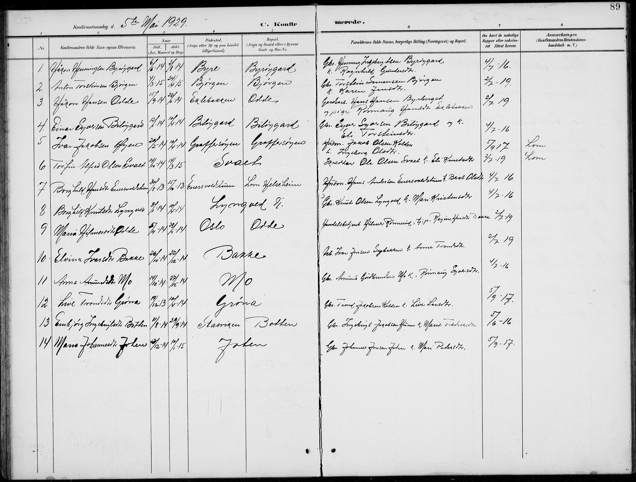 Lom prestekontor, AV/SAH-PREST-070/L/L0006: Klokkerbok nr. 6, 1901-1939, s. 89
