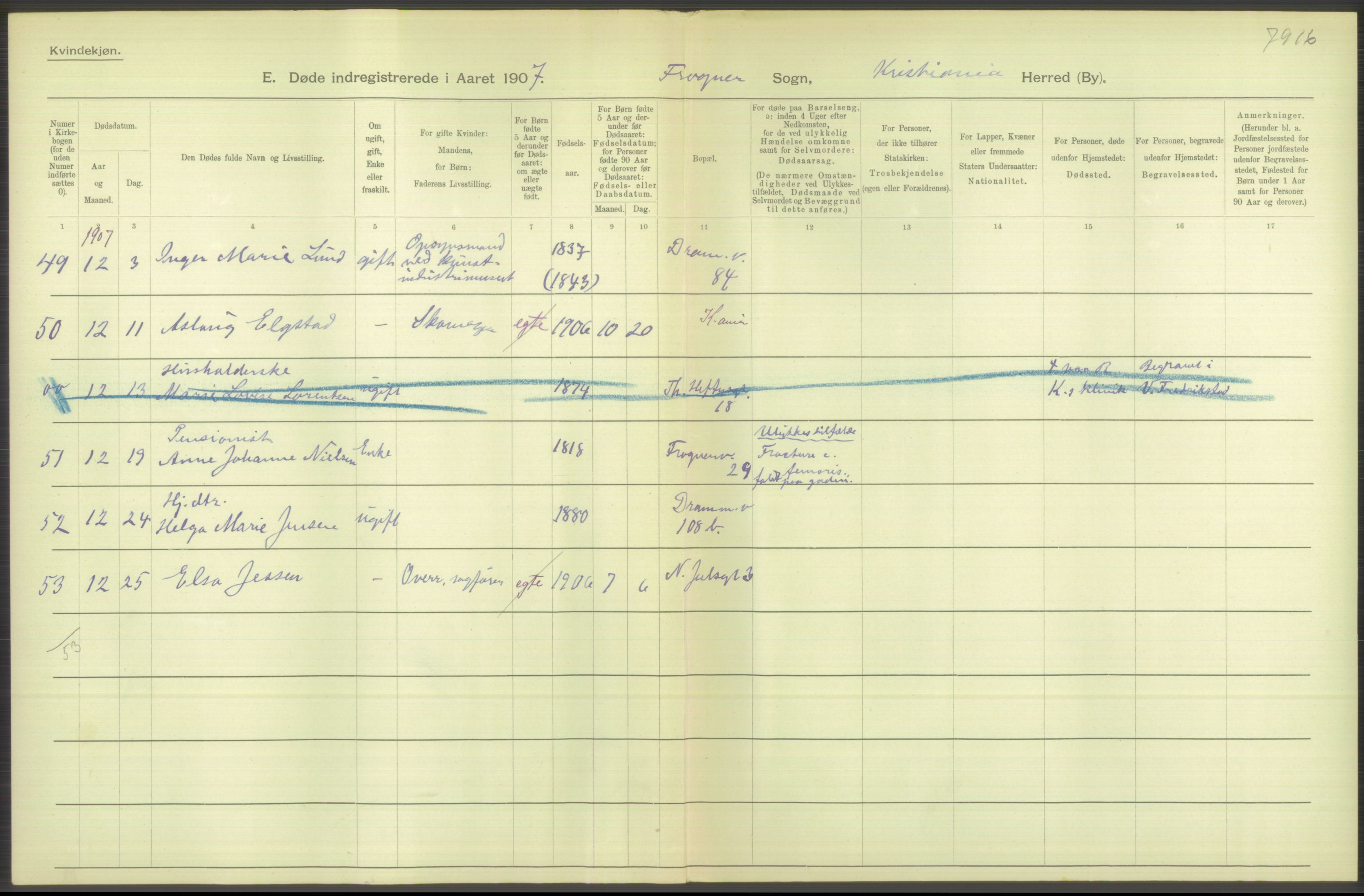 Statistisk sentralbyrå, Sosiodemografiske emner, Befolkning, AV/RA-S-2228/D/Df/Dfa/Dfae/L0009: Kristiania: Døde, 1907, s. 296