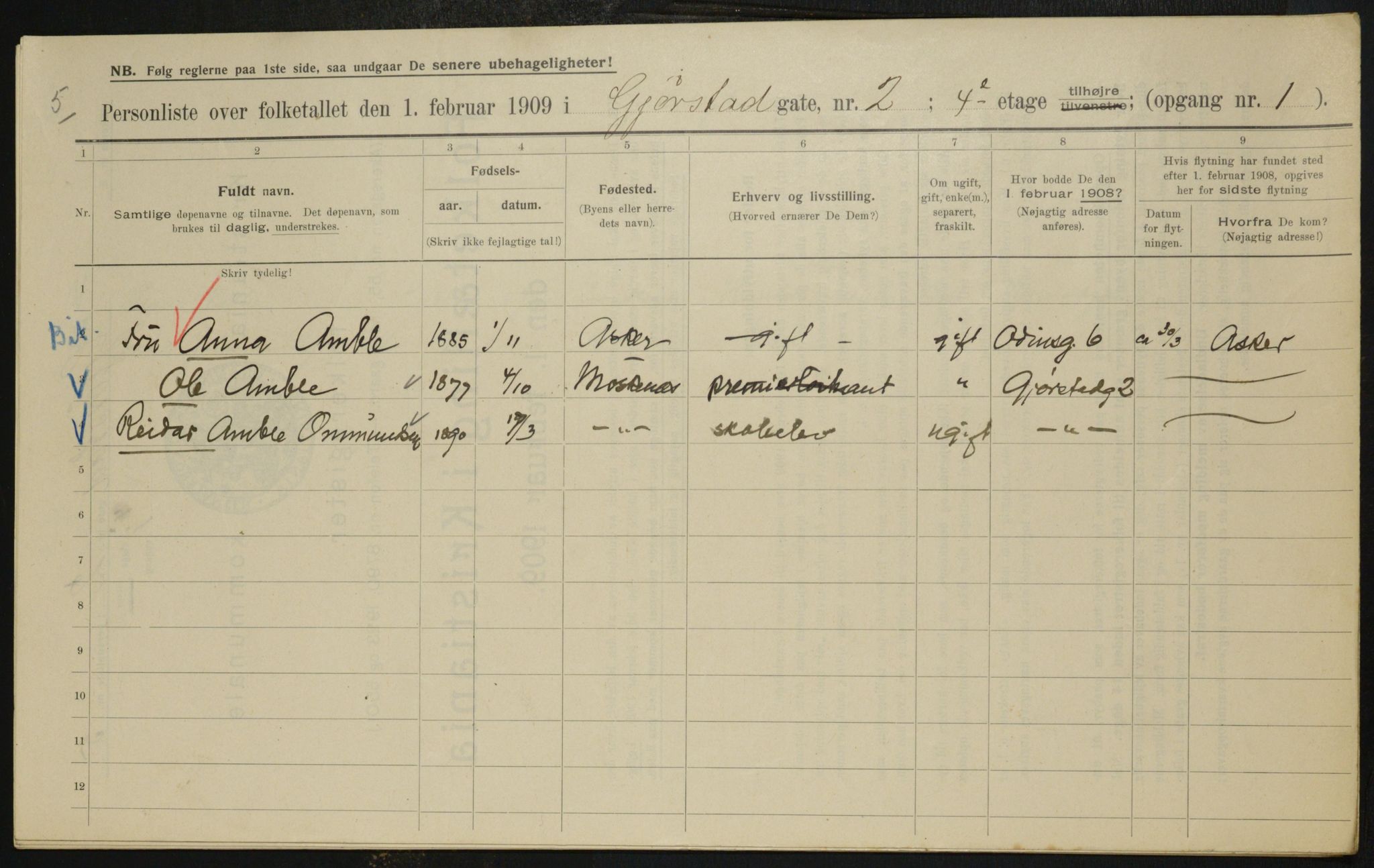 OBA, Kommunal folketelling 1.2.1909 for Kristiania kjøpstad, 1909, s. 26581