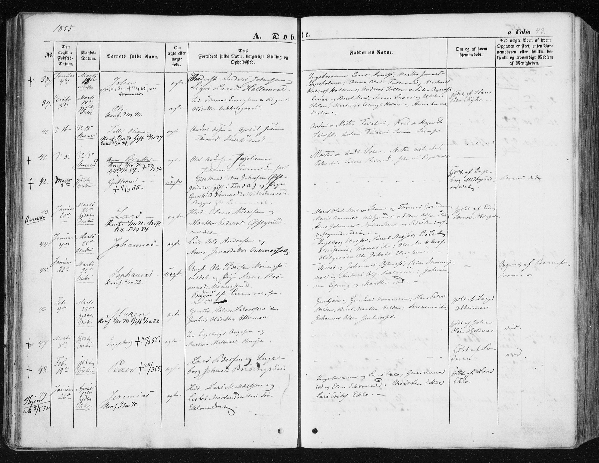 Ministerialprotokoller, klokkerbøker og fødselsregistre - Nord-Trøndelag, AV/SAT-A-1458/723/L0240: Ministerialbok nr. 723A09, 1852-1860, s. 43