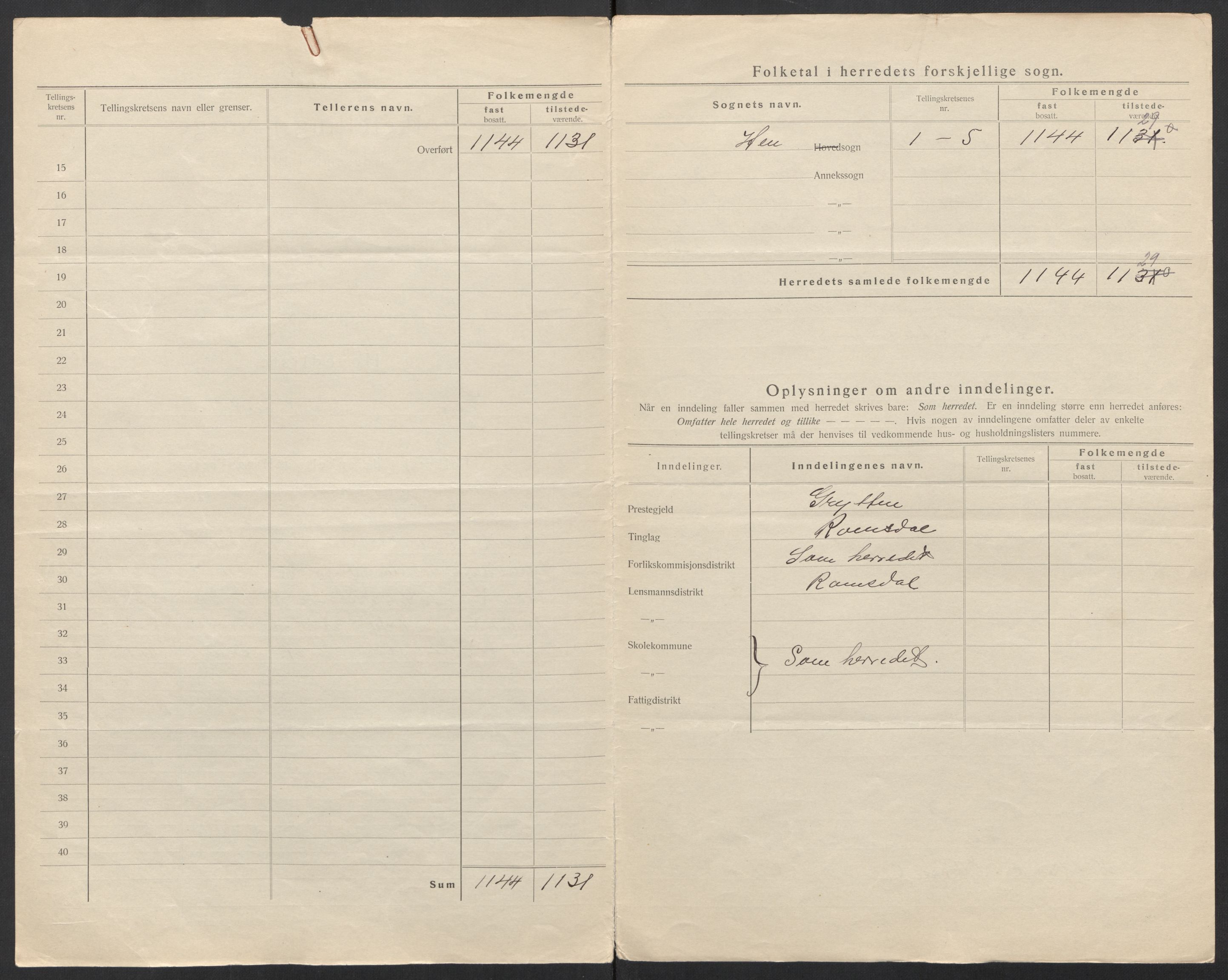 SAT, Folketelling 1920 for 1540 Hen herred, 1920, s. 5