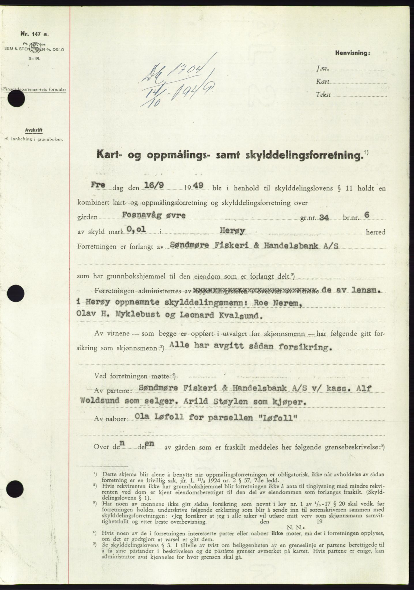 Søre Sunnmøre sorenskriveri, AV/SAT-A-4122/1/2/2C/L0085: Pantebok nr. 11A, 1949-1949, Dagboknr: 1704/1949