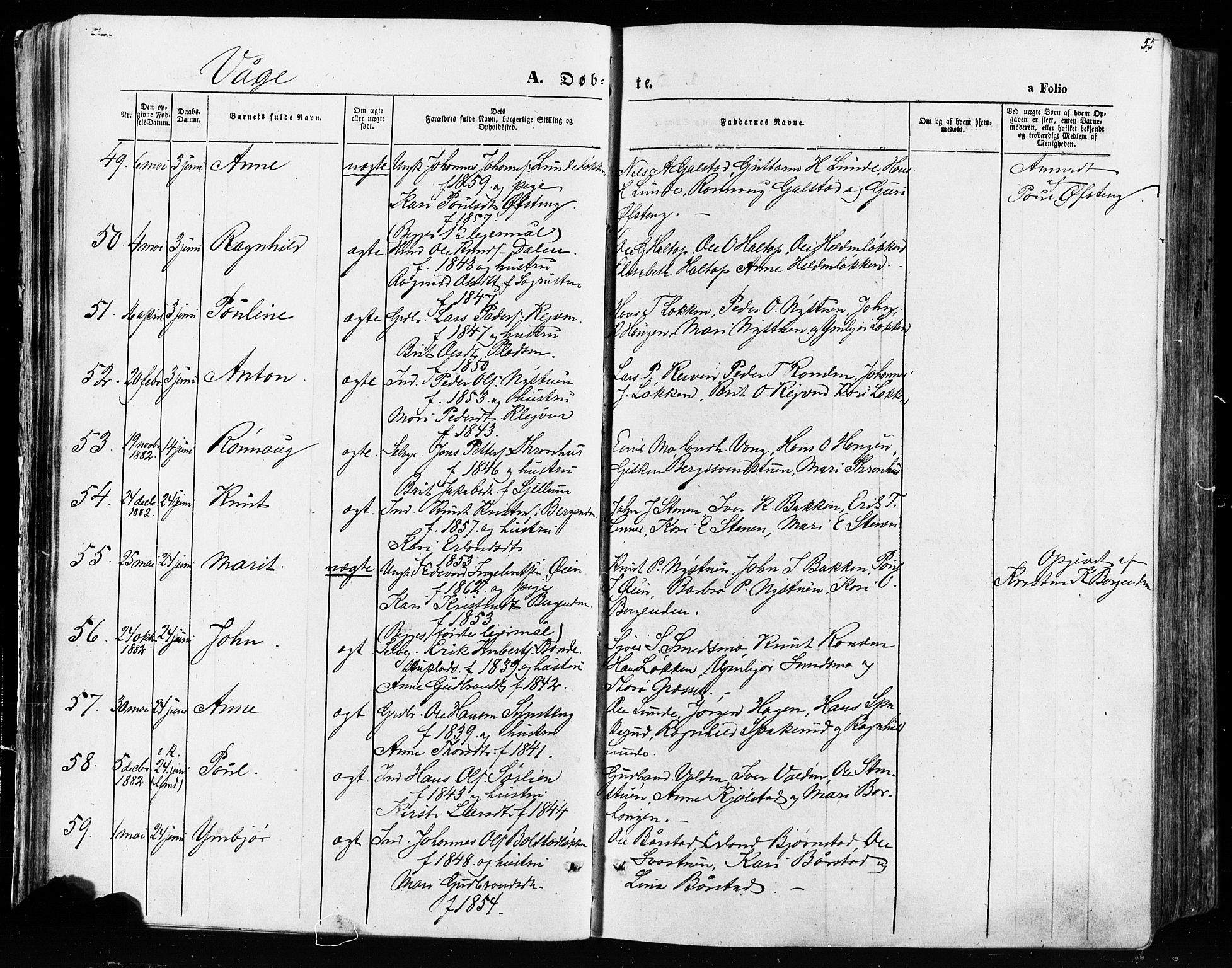 Vågå prestekontor, AV/SAH-PREST-076/H/Ha/Haa/L0007: Ministerialbok nr. 7 /1, 1872-1886, s. 55
