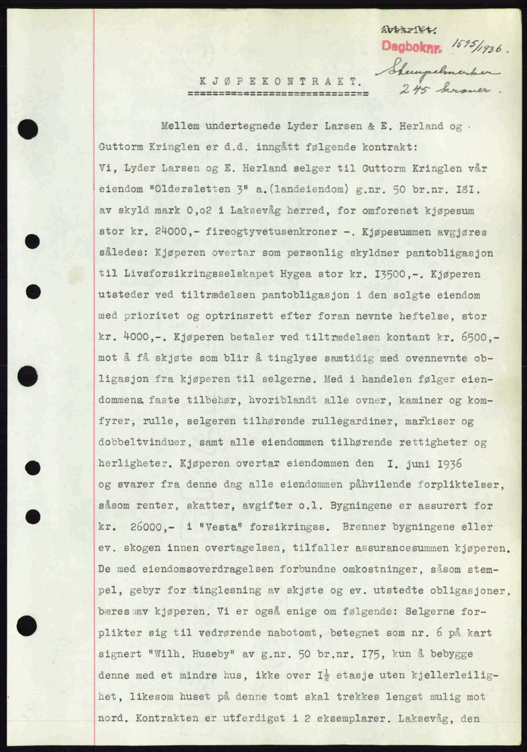 Midhordland sorenskriveri, SAB/A-3001/1/G/Gb/Gbk/L0001: Pantebok nr. A1-6, 1936-1937, Dagboknr: 1595/1936