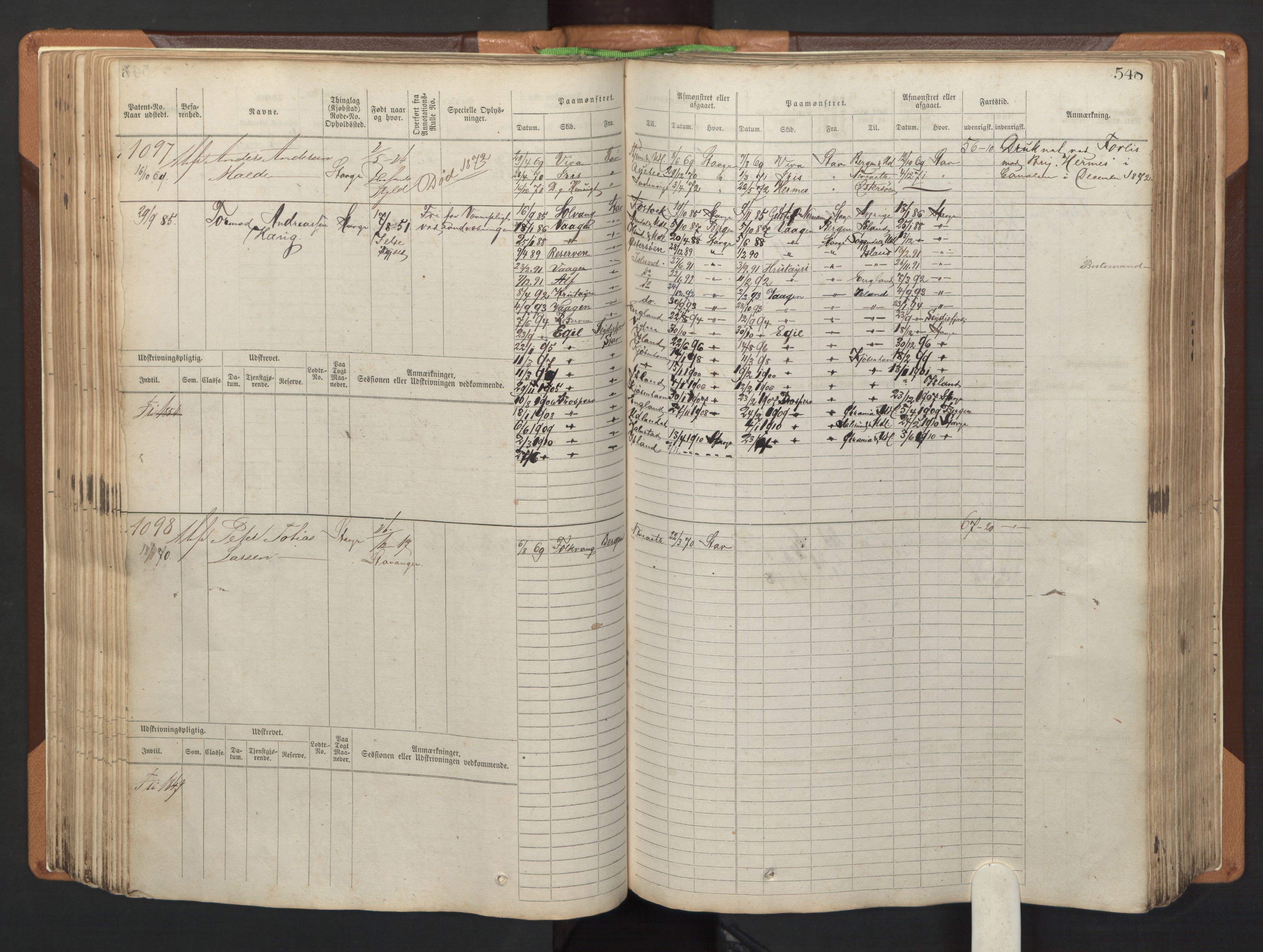 Stavanger sjømannskontor, AV/SAST-A-102006/F/Fb/Fbb/L0005: Sjøfartshovedrulle, patentnr. 793-1606 (del 2), 1869-1880, s. 158