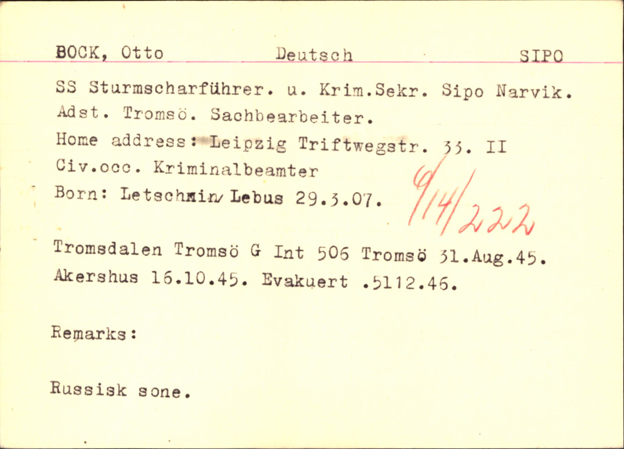 Forsvaret, Forsvarets overkommando II, RA/RAFA-3915/D/Db/L0003: CI Questionaires. Tyske okkupasjonsstyrker i Norge. Tyskere., 1945-1946, s. 504