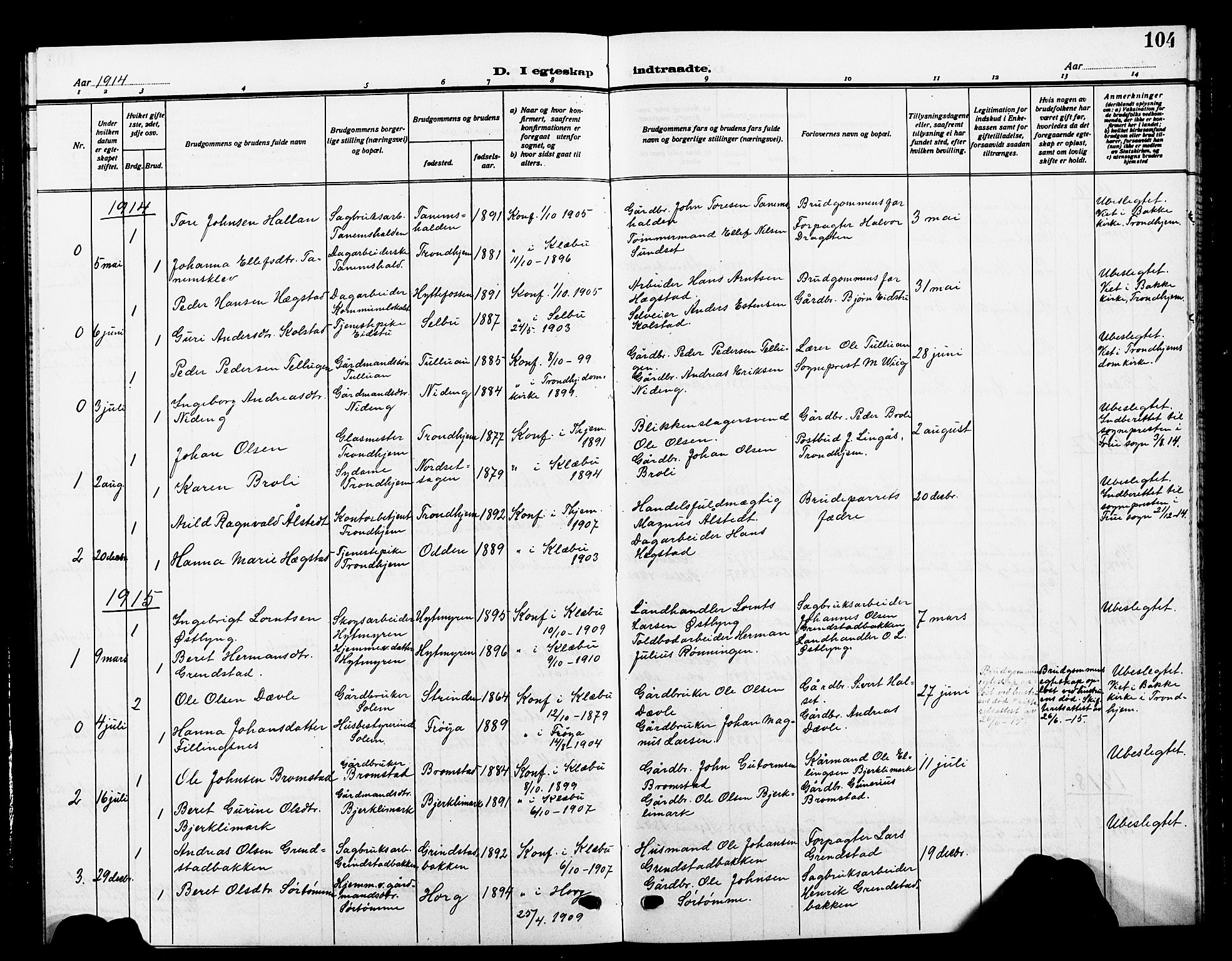 Ministerialprotokoller, klokkerbøker og fødselsregistre - Sør-Trøndelag, AV/SAT-A-1456/618/L0453: Klokkerbok nr. 618C04, 1907-1925, s. 104