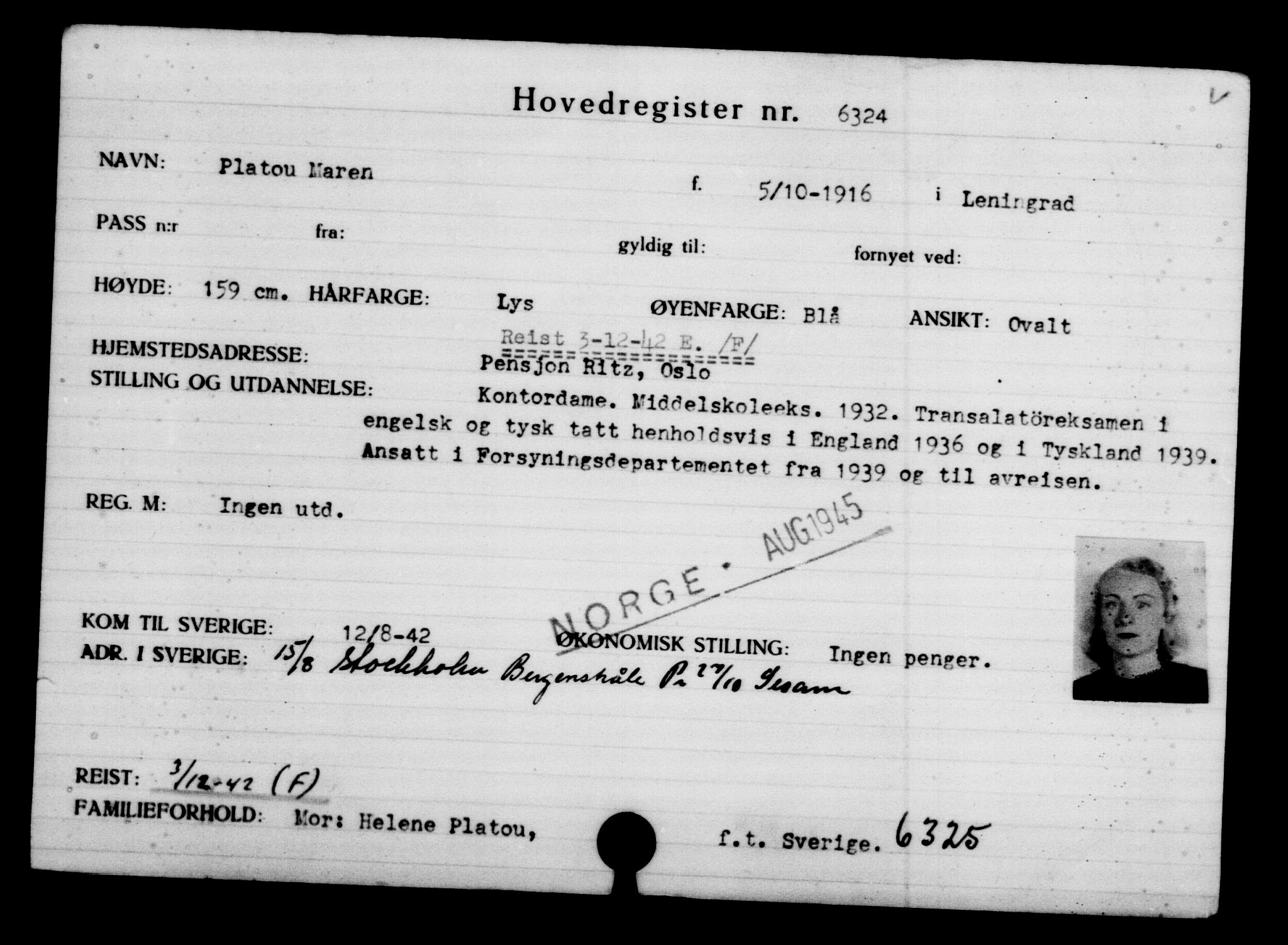 Utenriksstasjonene, Legasjonen i Stockholm, Flyktningkontoret, AV/RA-S-6753/V/Va/L0004: Kjesäterkartoteket, flyktninger med registreringsnr. 3496-6610, 1940-1945, s. 3341