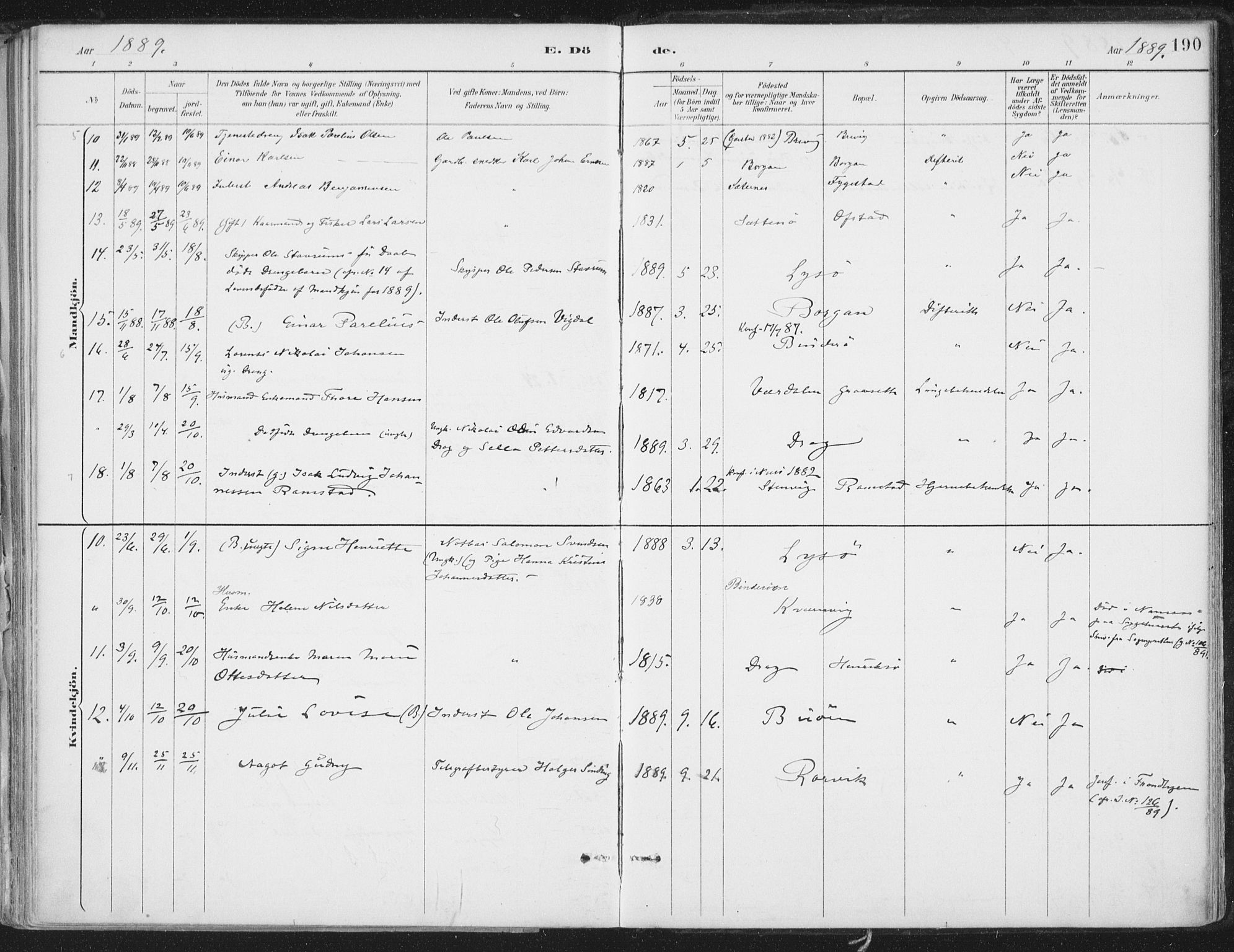 Ministerialprotokoller, klokkerbøker og fødselsregistre - Nord-Trøndelag, SAT/A-1458/786/L0687: Ministerialbok nr. 786A03, 1888-1898, s. 190