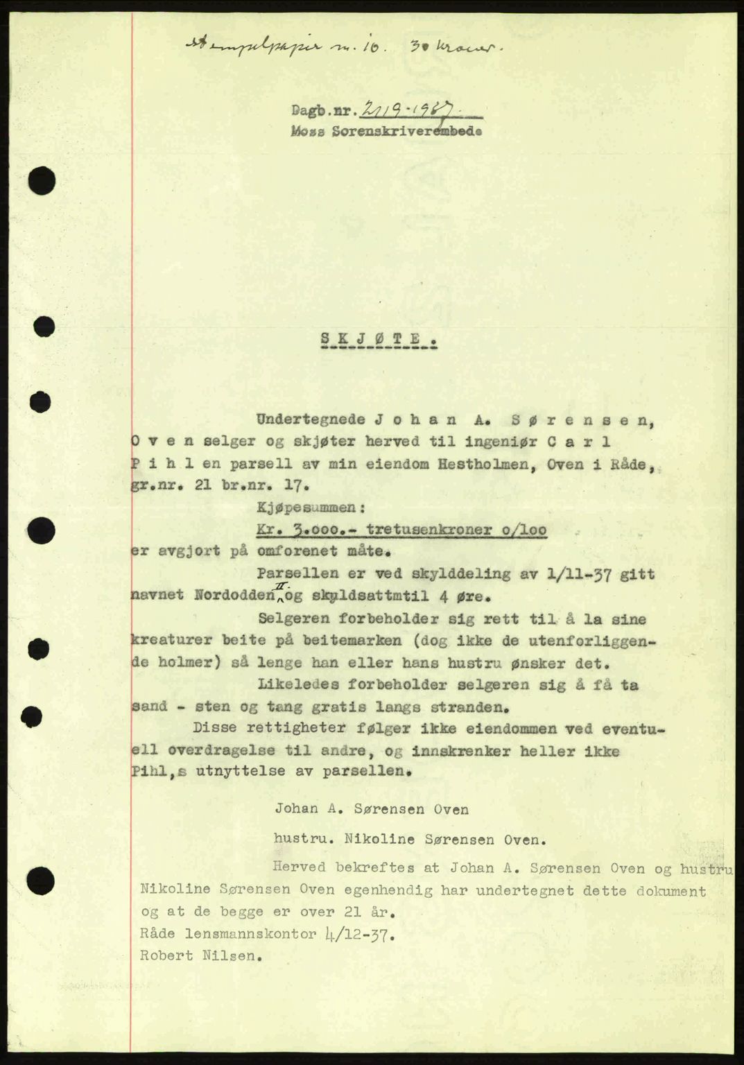 Moss sorenskriveri, SAO/A-10168: Pantebok nr. A3, 1937-1938, Dagboknr: 2119/1937