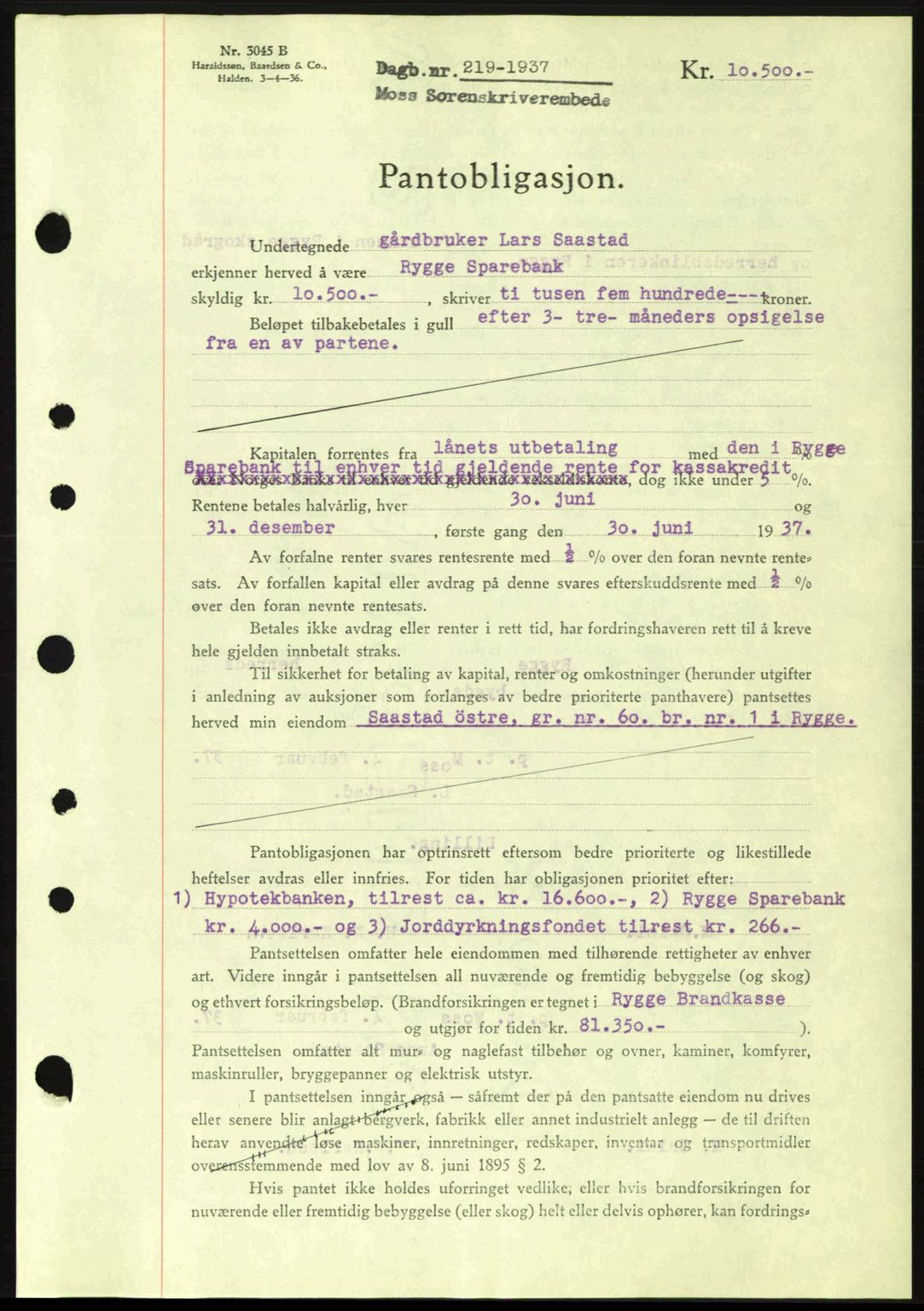 Moss sorenskriveri, SAO/A-10168: Pantebok nr. B3, 1937-1937, Dagboknr: 219/1937