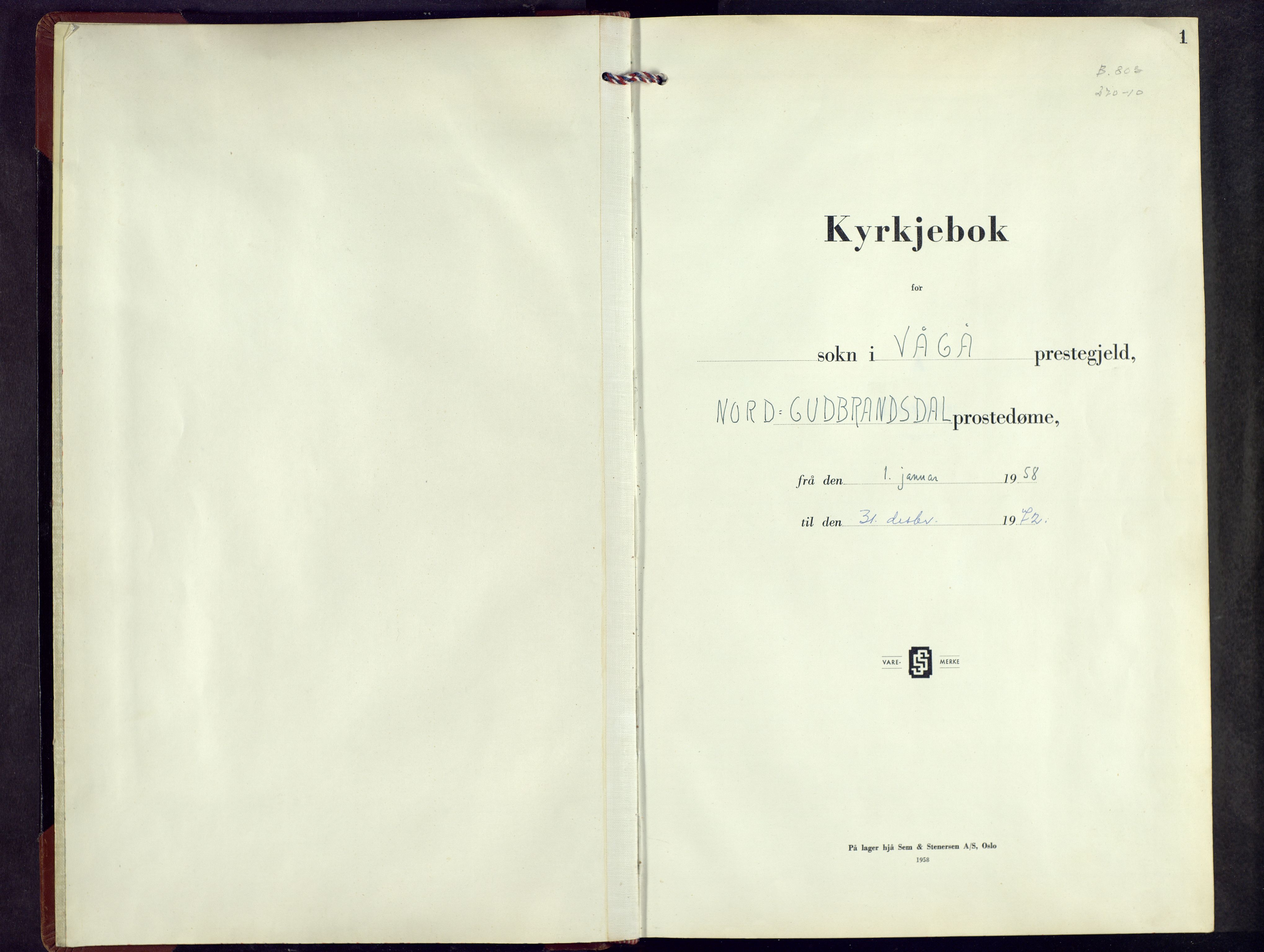 Vågå prestekontor, SAH/PREST-076/H/Ha/Hab/L0004: Klokkerbok nr. 4, 1958-1972, s. 1