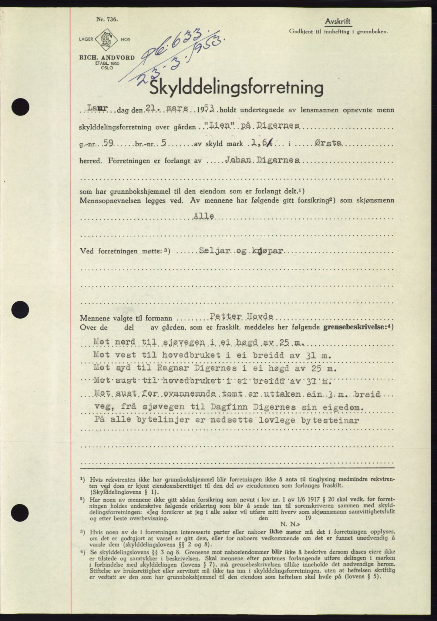 Søre Sunnmøre sorenskriveri, SAT/A-4122/1/2/2C/L0094: Pantebok nr. 20A, 1953-1953, Dagboknr: 633/1953