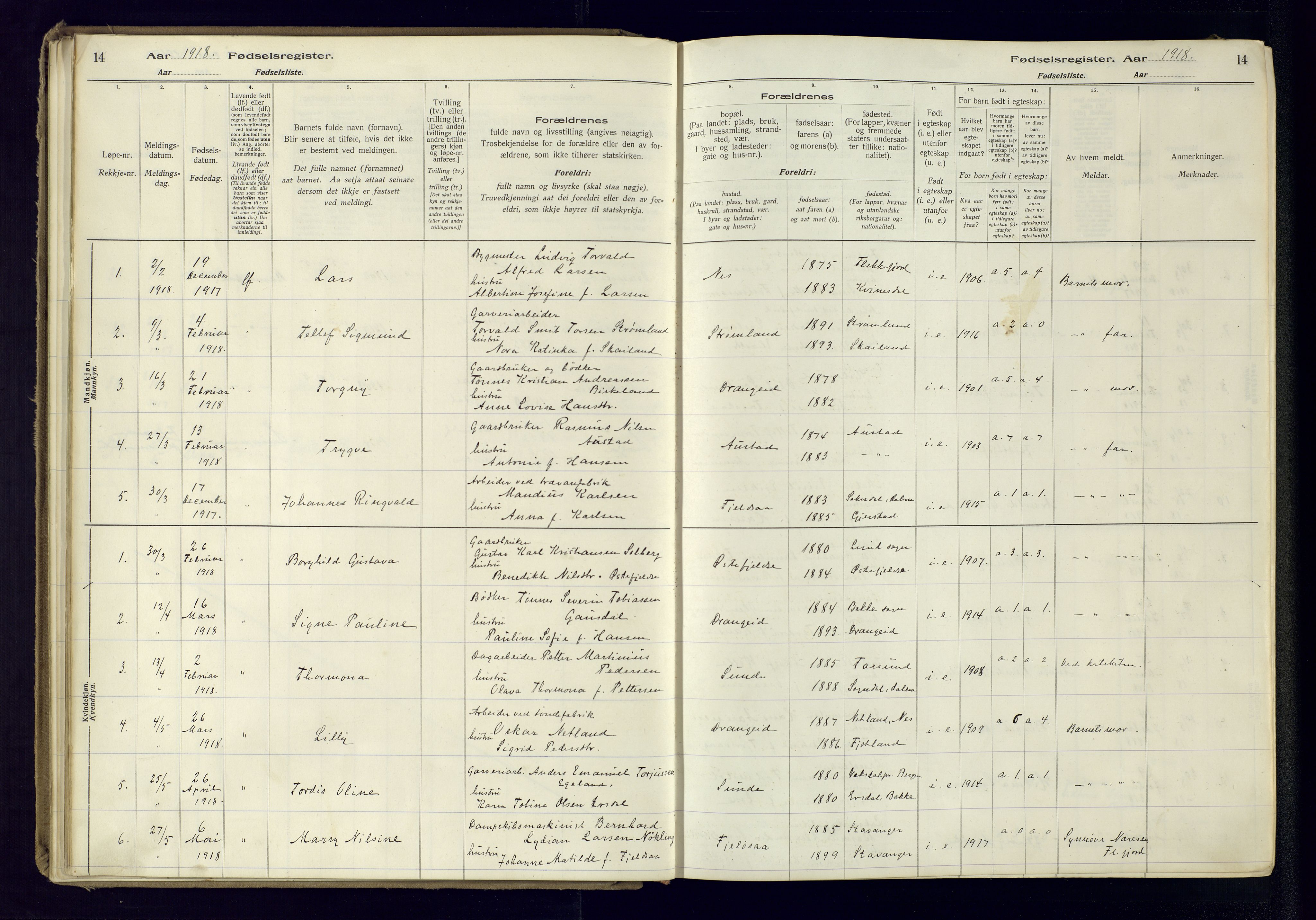 Flekkefjord sokneprestkontor, SAK/1111-0012/J/Ja/L0005: Fødselsregister nr. 5, 1916-1950, s. 14