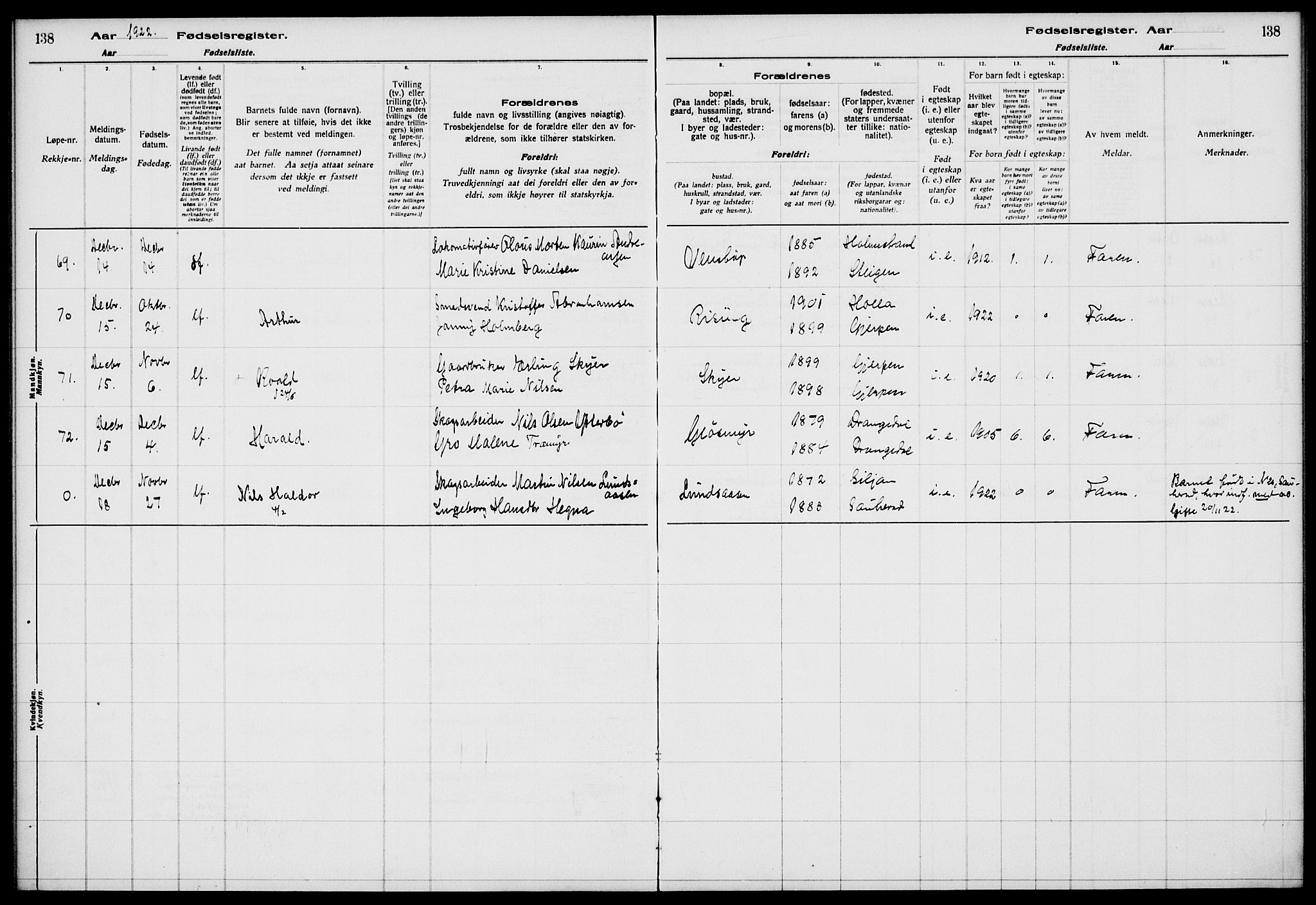 Gjerpen kirkebøker, AV/SAKO-A-265/J/Ja/L0001: Fødselsregister nr. I 1, 1916-1926, s. 138