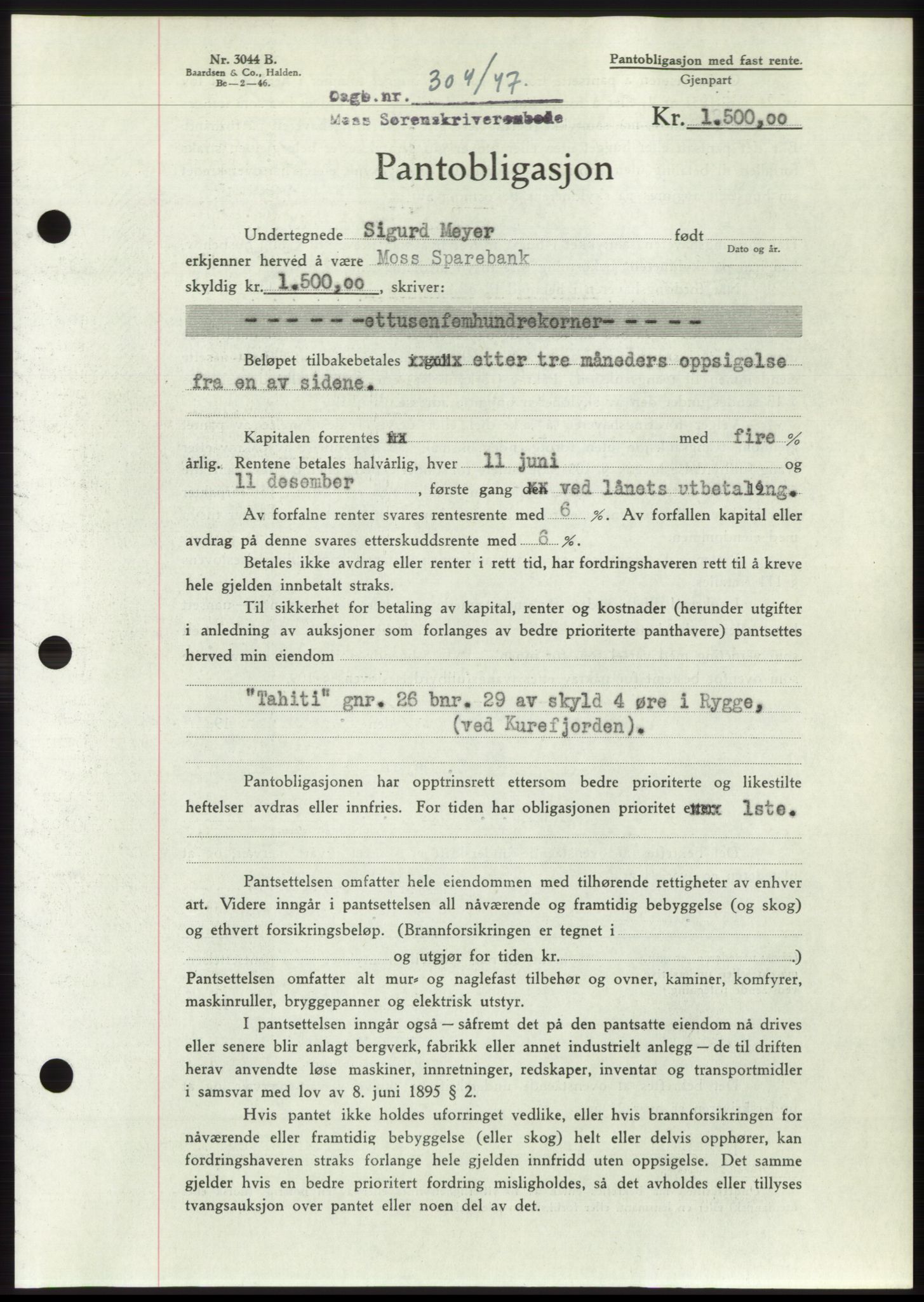 Moss sorenskriveri, SAO/A-10168: Pantebok nr. B16, 1946-1947, Dagboknr: 304/1947