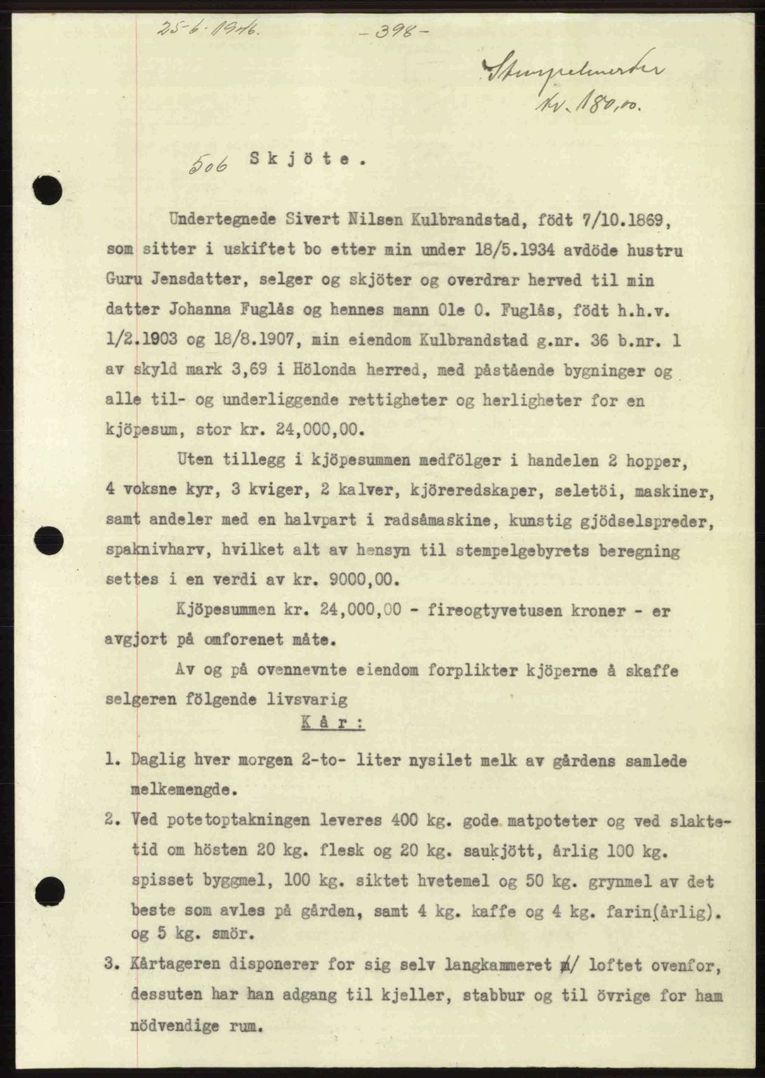 Gauldal sorenskriveri, SAT/A-0014/1/2/2C: Pantebok nr. A2, 1946-1946, Dagboknr: 506/1946