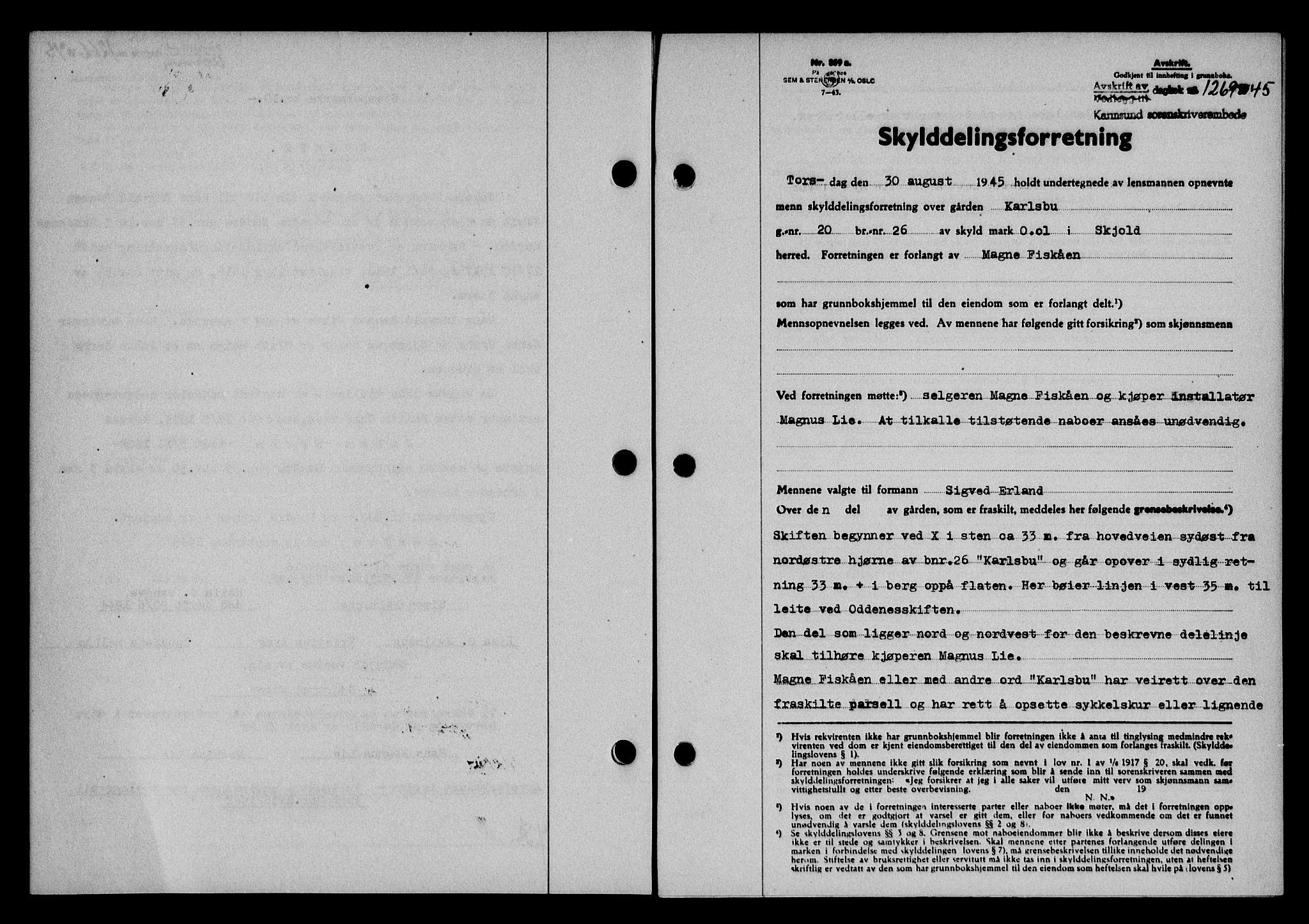 Karmsund sorenskriveri, SAST/A-100311/01/II/IIB/L0084: Pantebok nr. 65A, 1945-1946, Dagboknr: 1269/1945