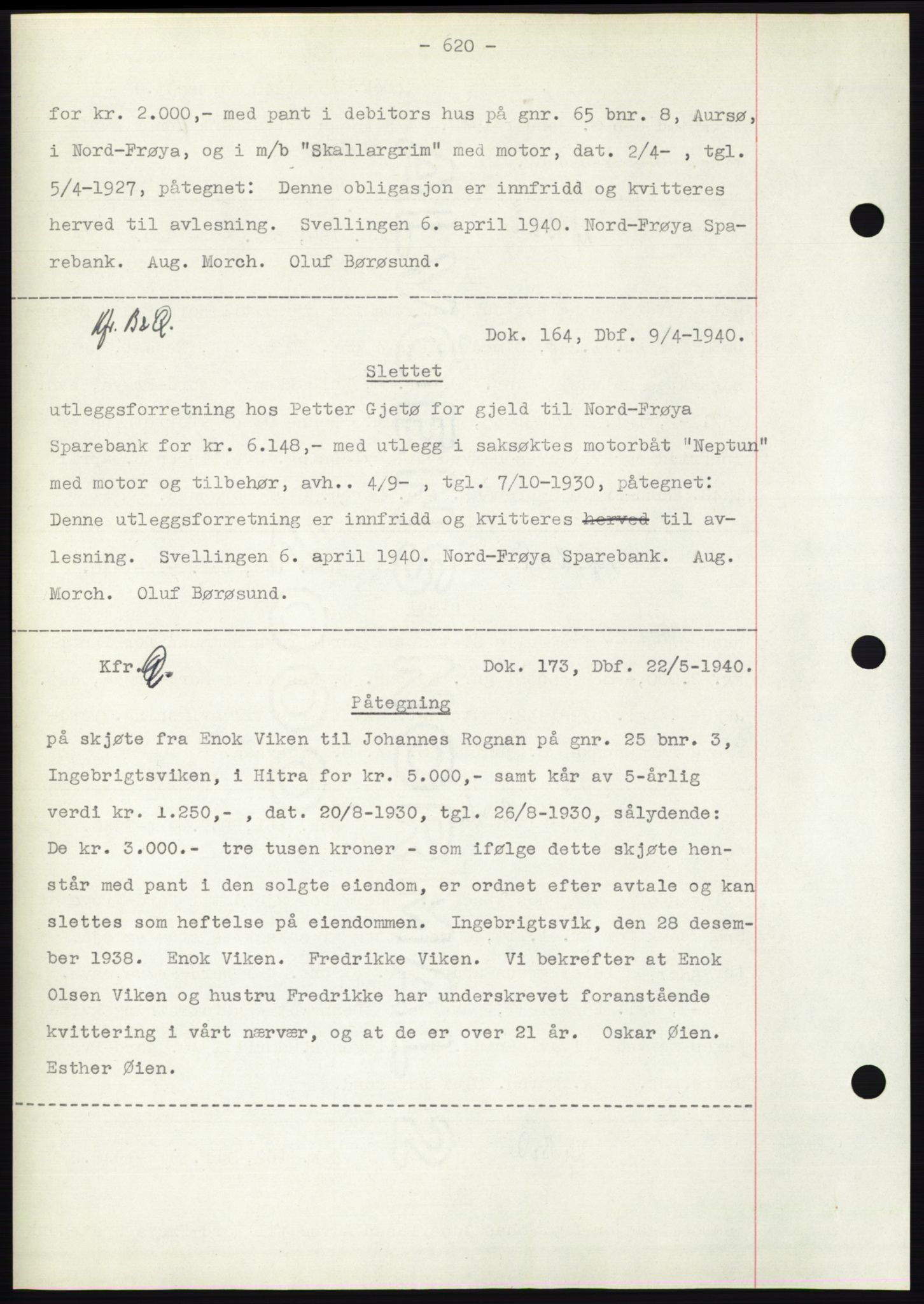 Hitra sorenskriveri, AV/SAT-A-0018/2/2C/2Ca: Pantebok nr. C1, 1936-1945, Dagboknr: 164/1940