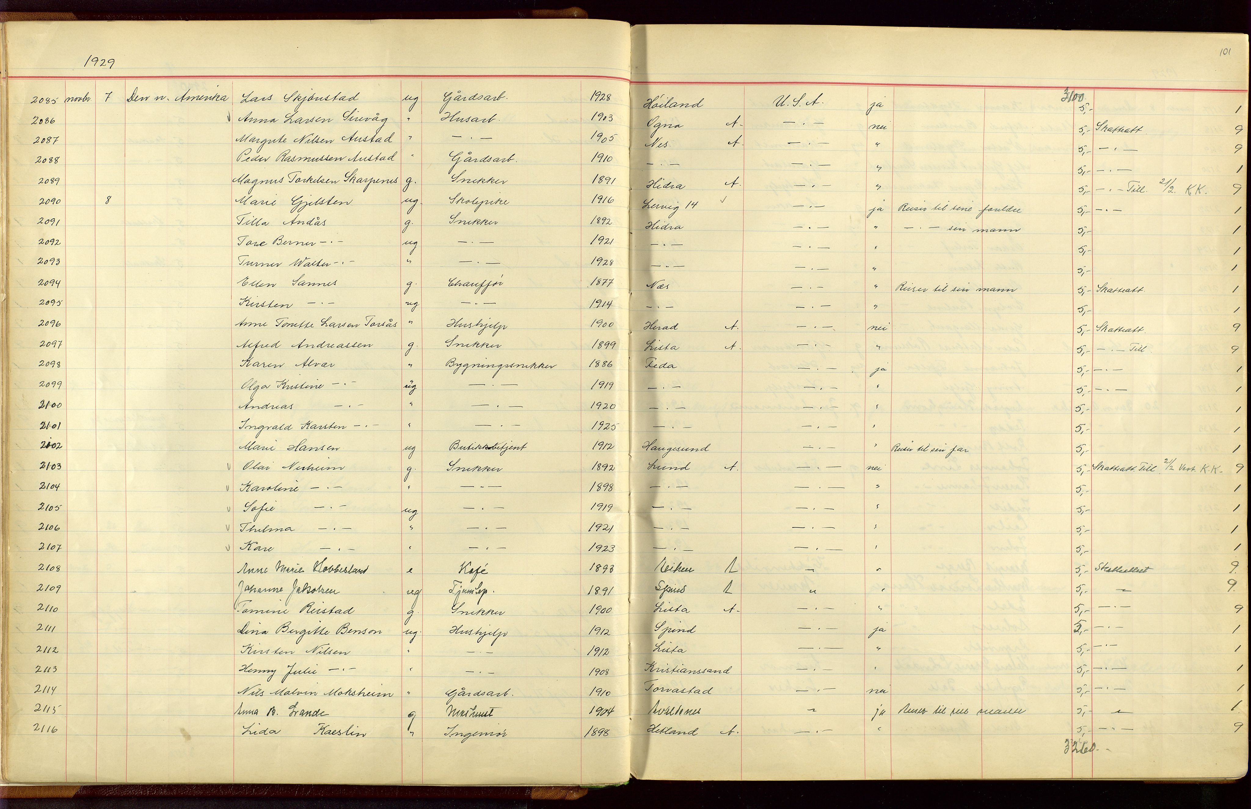 Stavanger politikammer, AV/SAST-A-100361/001/H/Hc/Hcc/L0001: Emigrantprotokoll, 1929-1955, s. 100-101
