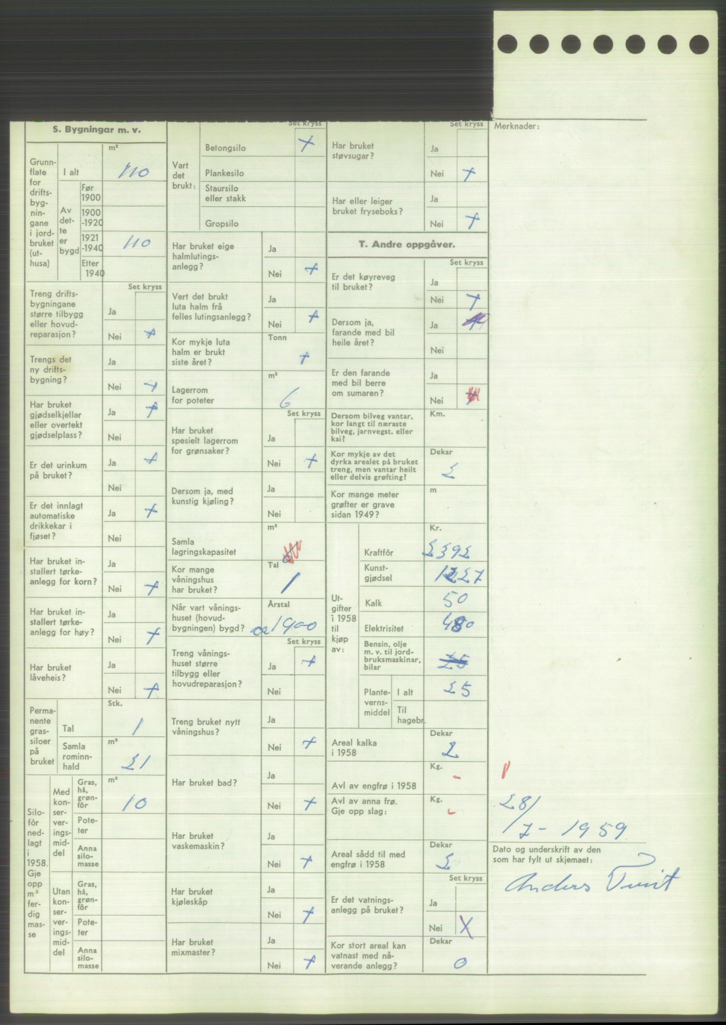 Statistisk sentralbyrå, Næringsøkonomiske emner, Jordbruk, skogbruk, jakt, fiske og fangst, AV/RA-S-2234/G/Gd/L0373: Rogaland: 1130 Strand (kl. 1-2), 1131 Årdal og 1132 Fister, 1959, s. 1206