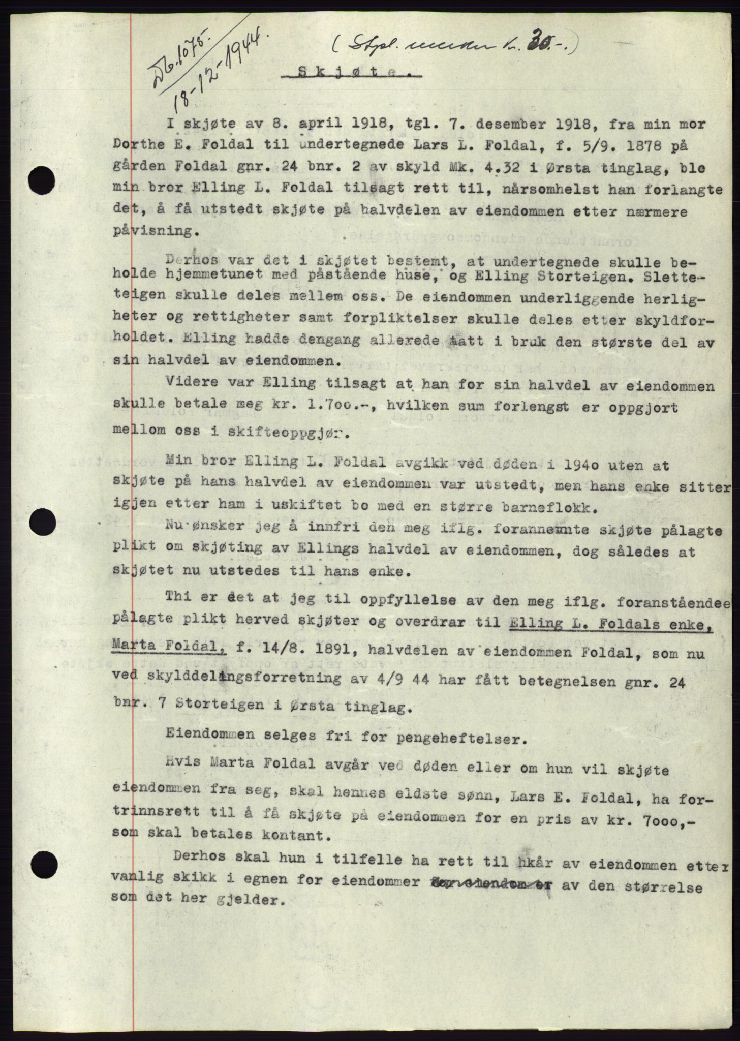 Søre Sunnmøre sorenskriveri, SAT/A-4122/1/2/2C/L0076: Pantebok nr. 2A, 1943-1944, Dagboknr: 1075/1944