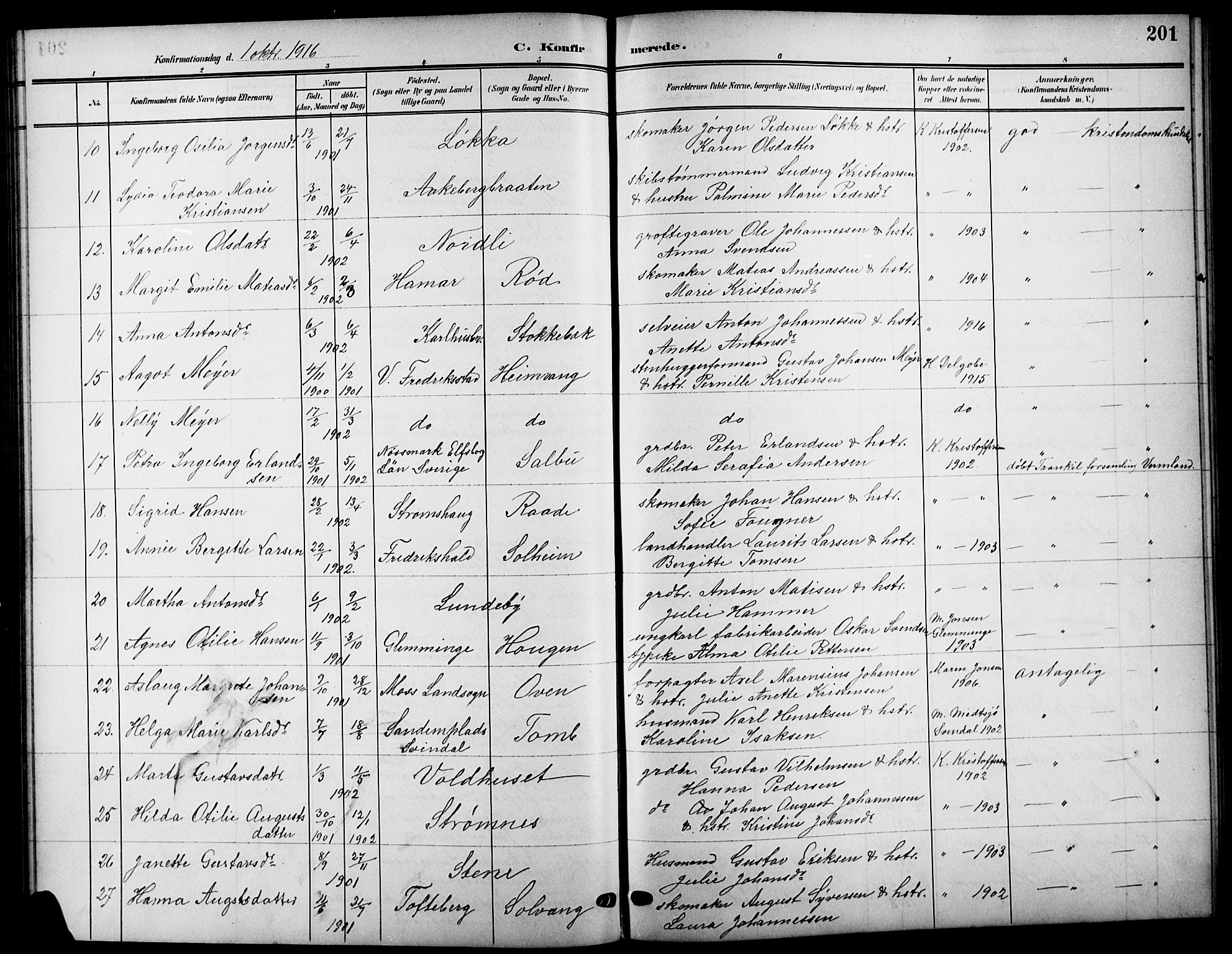 Råde prestekontor kirkebøker, AV/SAO-A-2009/G/Ga/L0001: Klokkerbok nr. 1, 1903-1925, s. 201