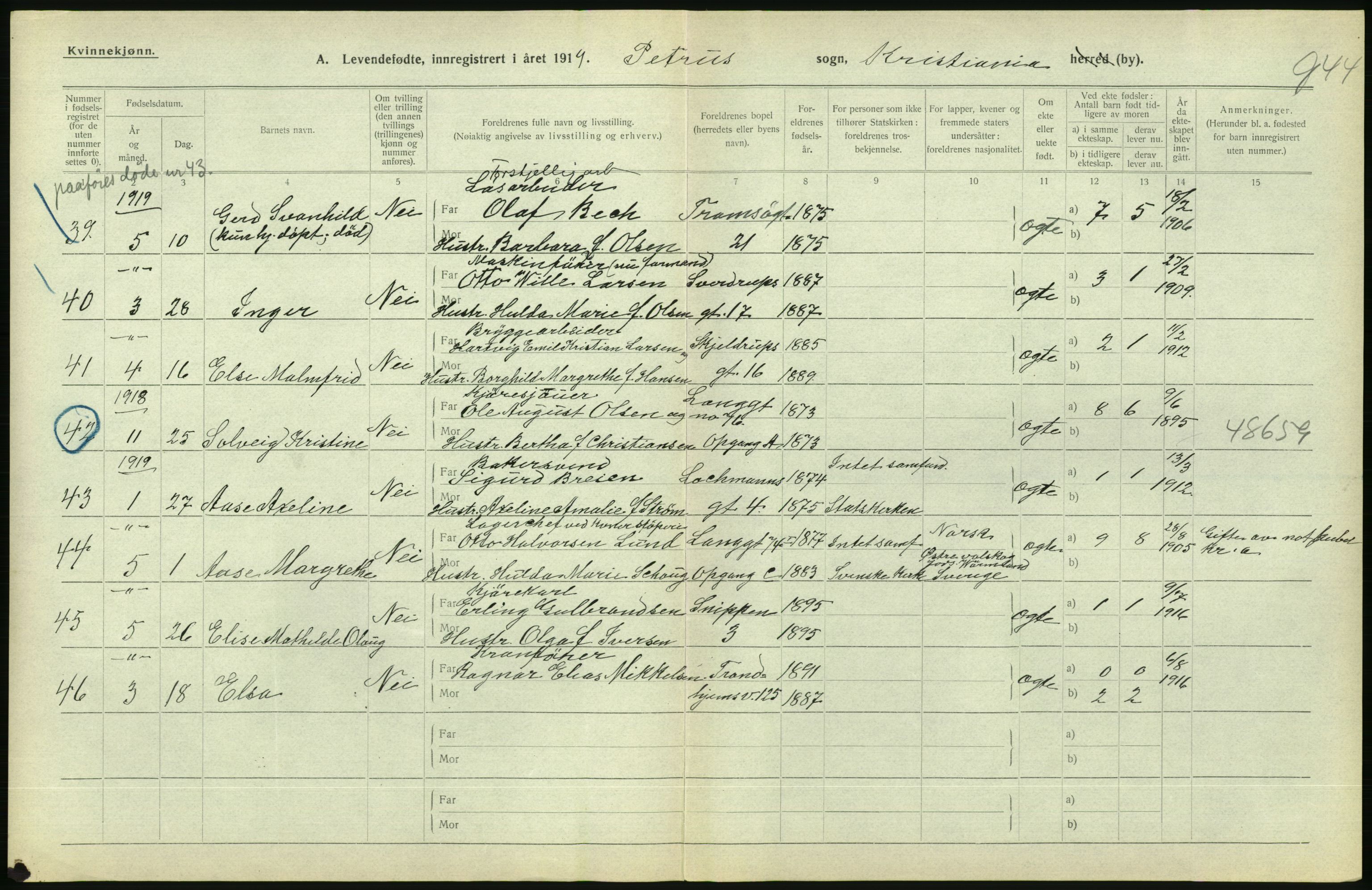 Statistisk sentralbyrå, Sosiodemografiske emner, Befolkning, AV/RA-S-2228/D/Df/Dfb/Dfbi/L0008: Kristiania: Levendefødte menn og kvinner., 1919