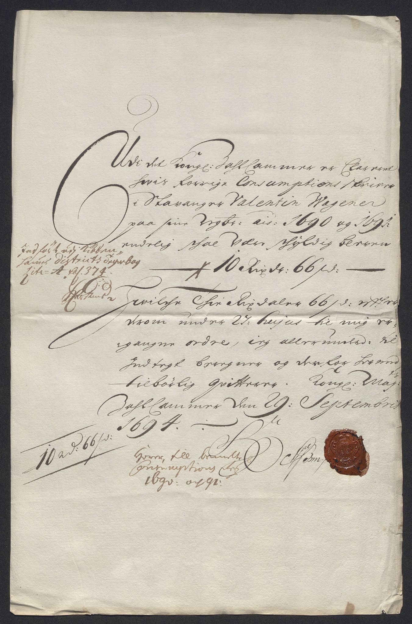 Rentekammeret inntil 1814, Reviderte regnskaper, Byregnskaper, AV/RA-EA-4066/R/Ro/L0333: [O25] Konsumpsjonsregnskap, 1690-1704, s. 73