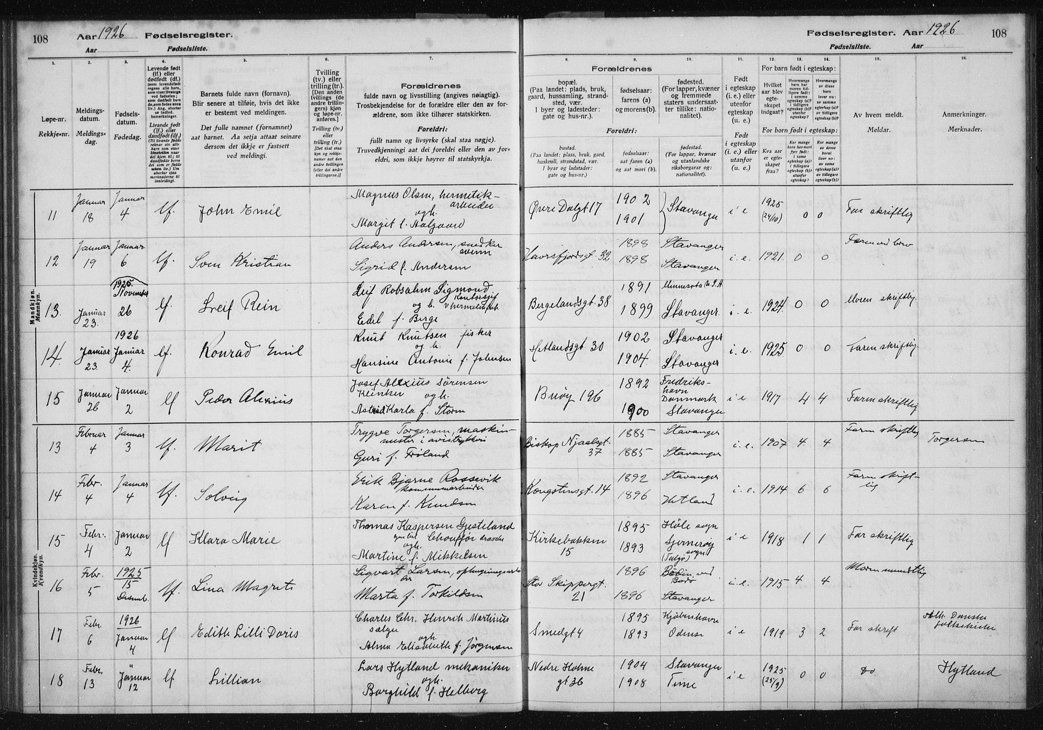 St. Petri sokneprestkontor, AV/SAST-A-101813/002/A/L0002: Fødselsregister nr. 2, 1922-1929, s. 108