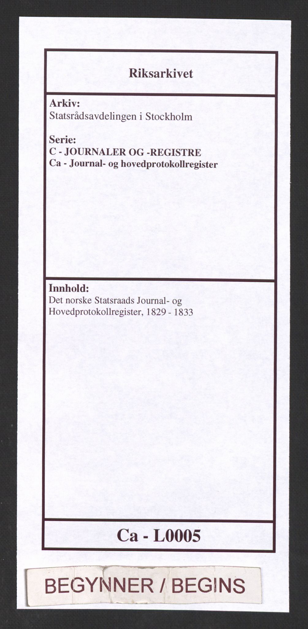 Statsrådsavdelingen i Stockholm, RA/S-1003/C/Ca/L0005: Det norske Statsraads Journal- og Hovedprotokollregister, 1829-1833