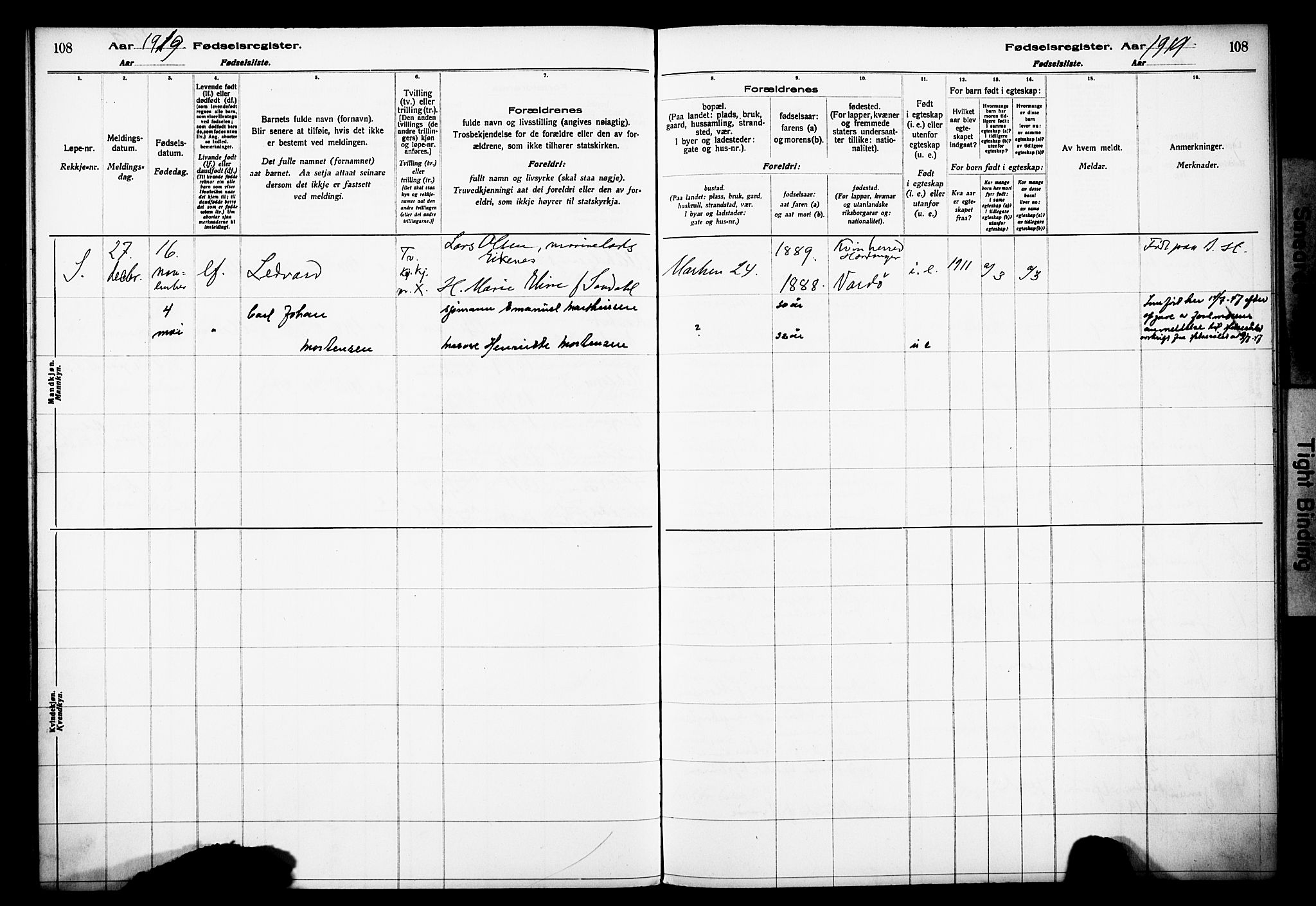 Domkirken sokneprestembete, SAB/A-74801/I/Id/L00A1: Fødselsregister nr. A 1, 1916-1923, s. 108