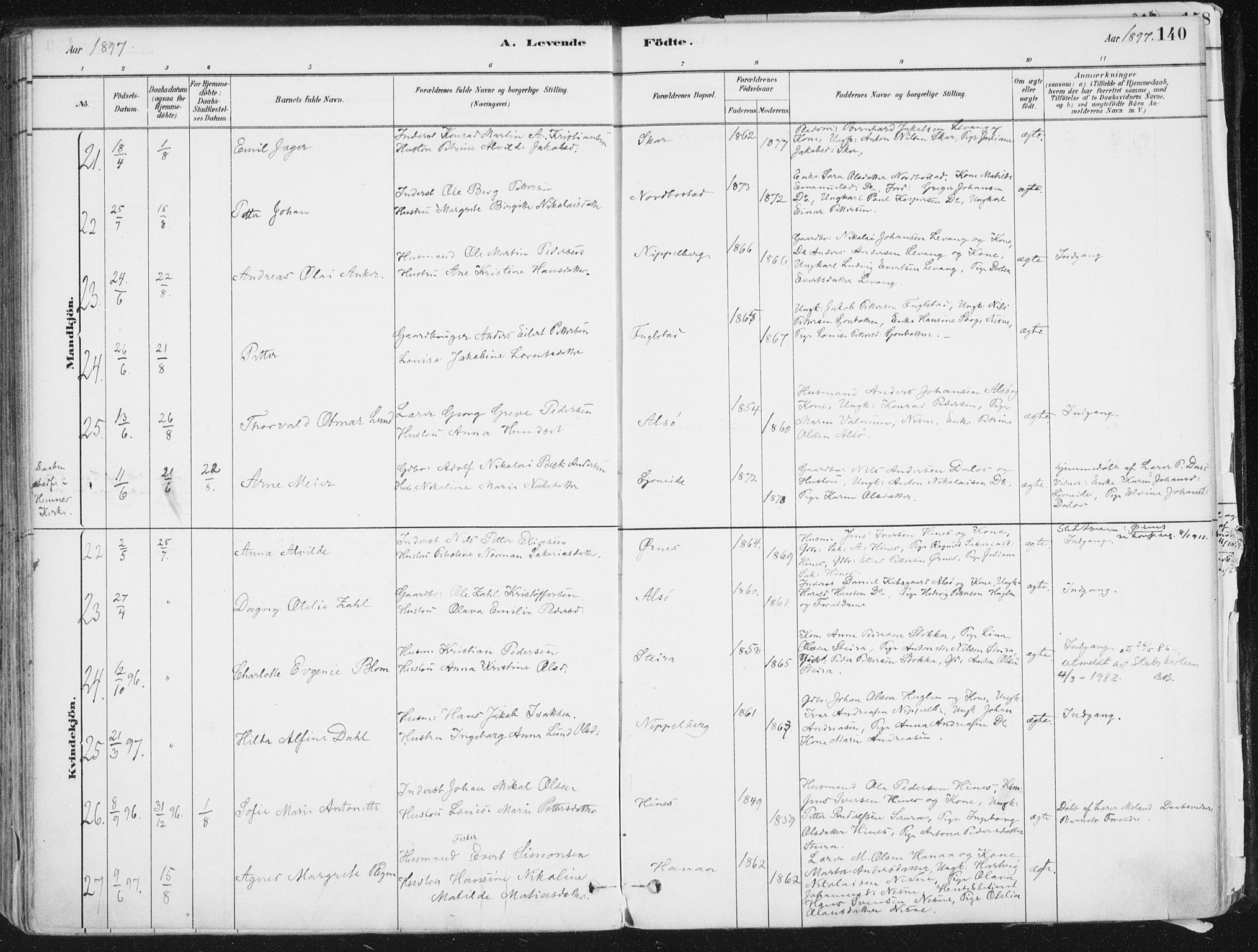 Ministerialprotokoller, klokkerbøker og fødselsregistre - Nordland, AV/SAT-A-1459/838/L0552: Ministerialbok nr. 838A10, 1880-1910, s. 140