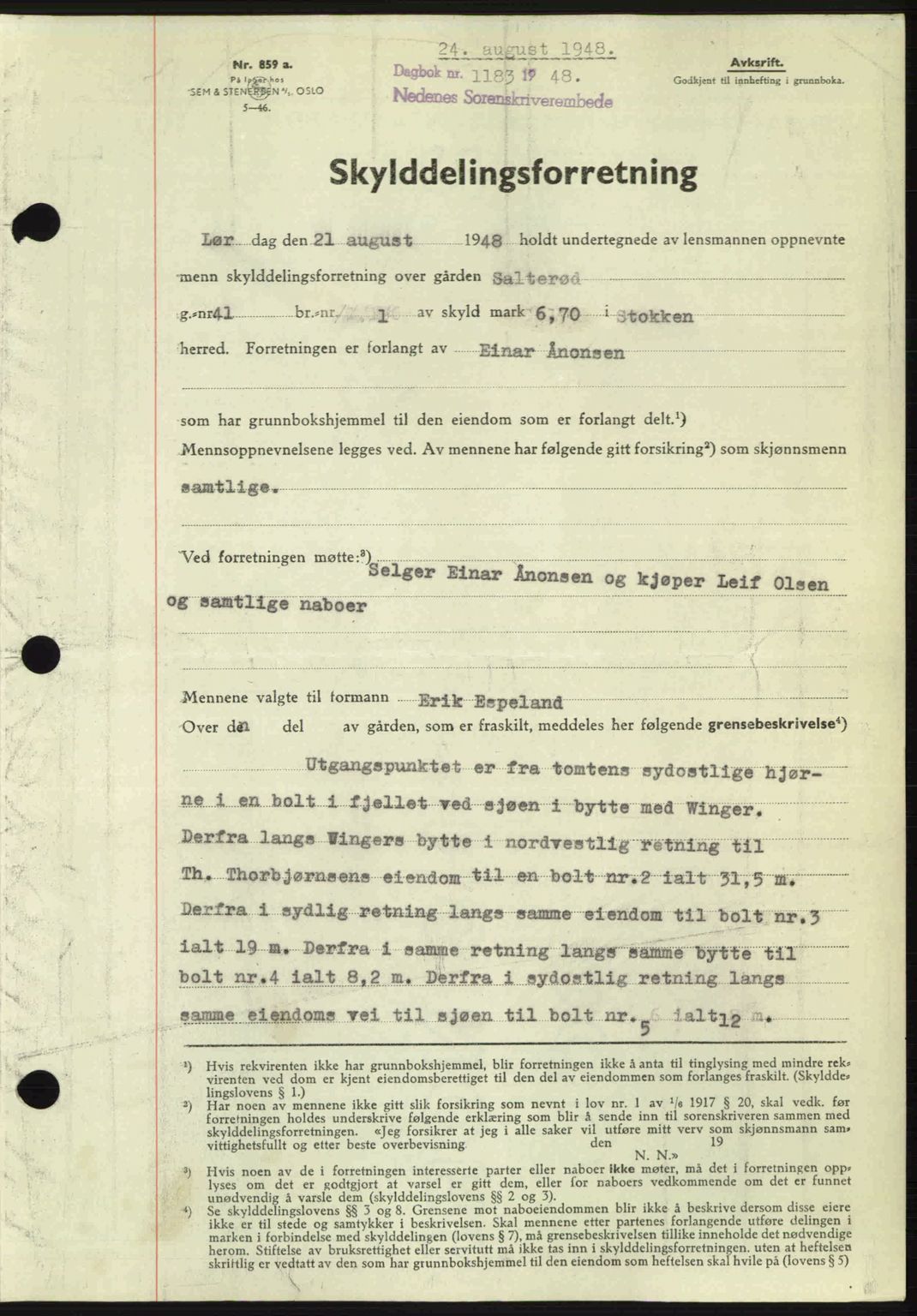 Nedenes sorenskriveri, AV/SAK-1221-0006/G/Gb/Gba/L0059: Pantebok nr. A11, 1948-1948, Dagboknr: 1183/1948