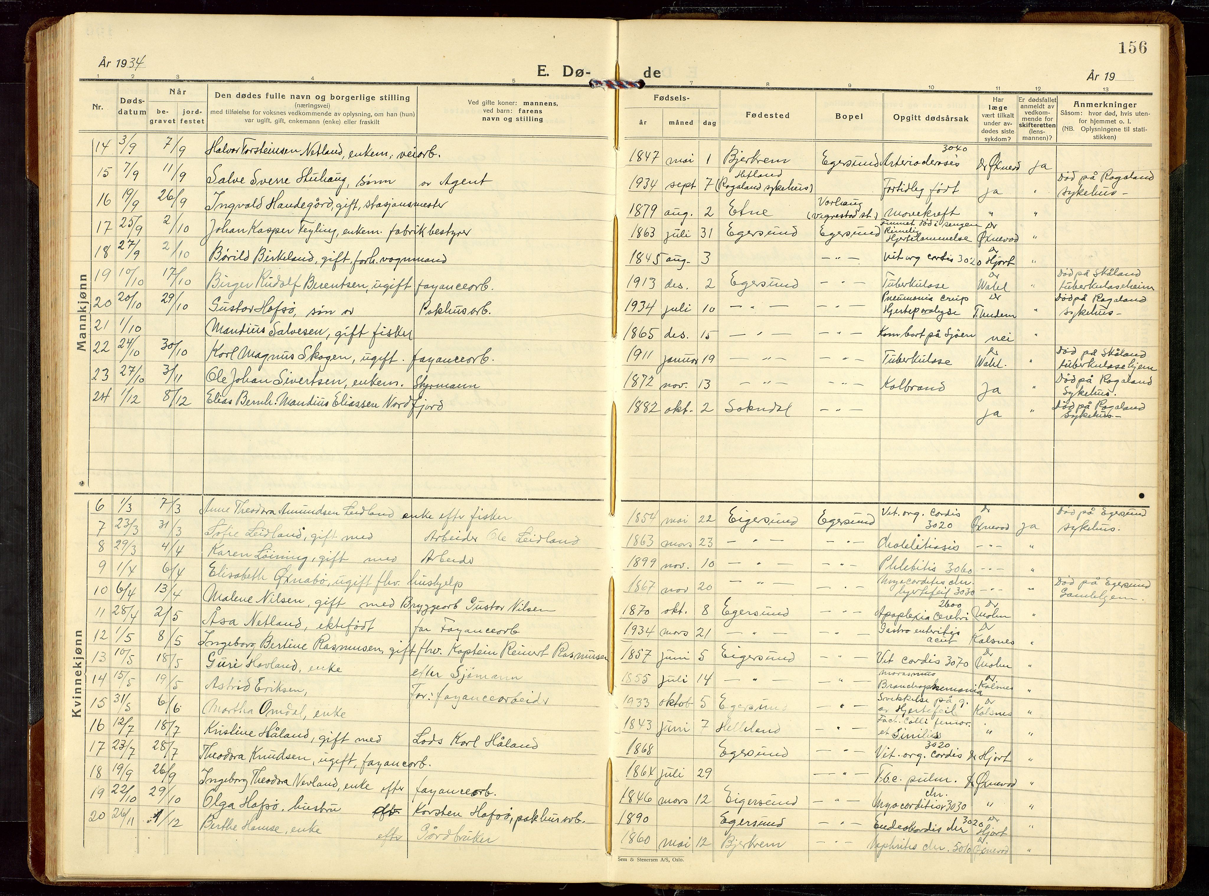 Eigersund sokneprestkontor, AV/SAST-A-101807/S09/L0014: Klokkerbok nr. B 14, 1931-1949, s. 156