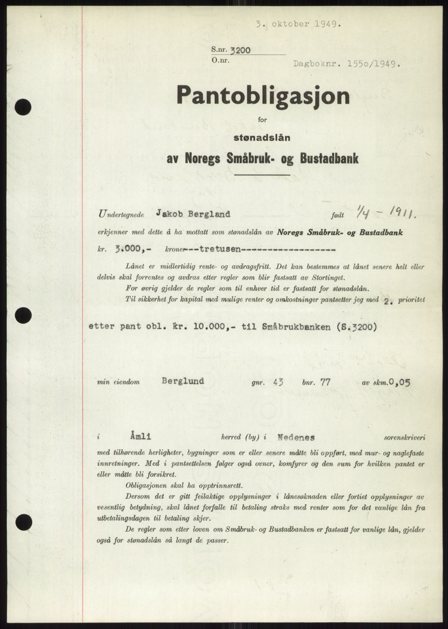 Nedenes sorenskriveri, SAK/1221-0006/G/Gb/Gbb/L0006: Pantebok nr. B6, 1948-1949, Dagboknr: 1550/1949