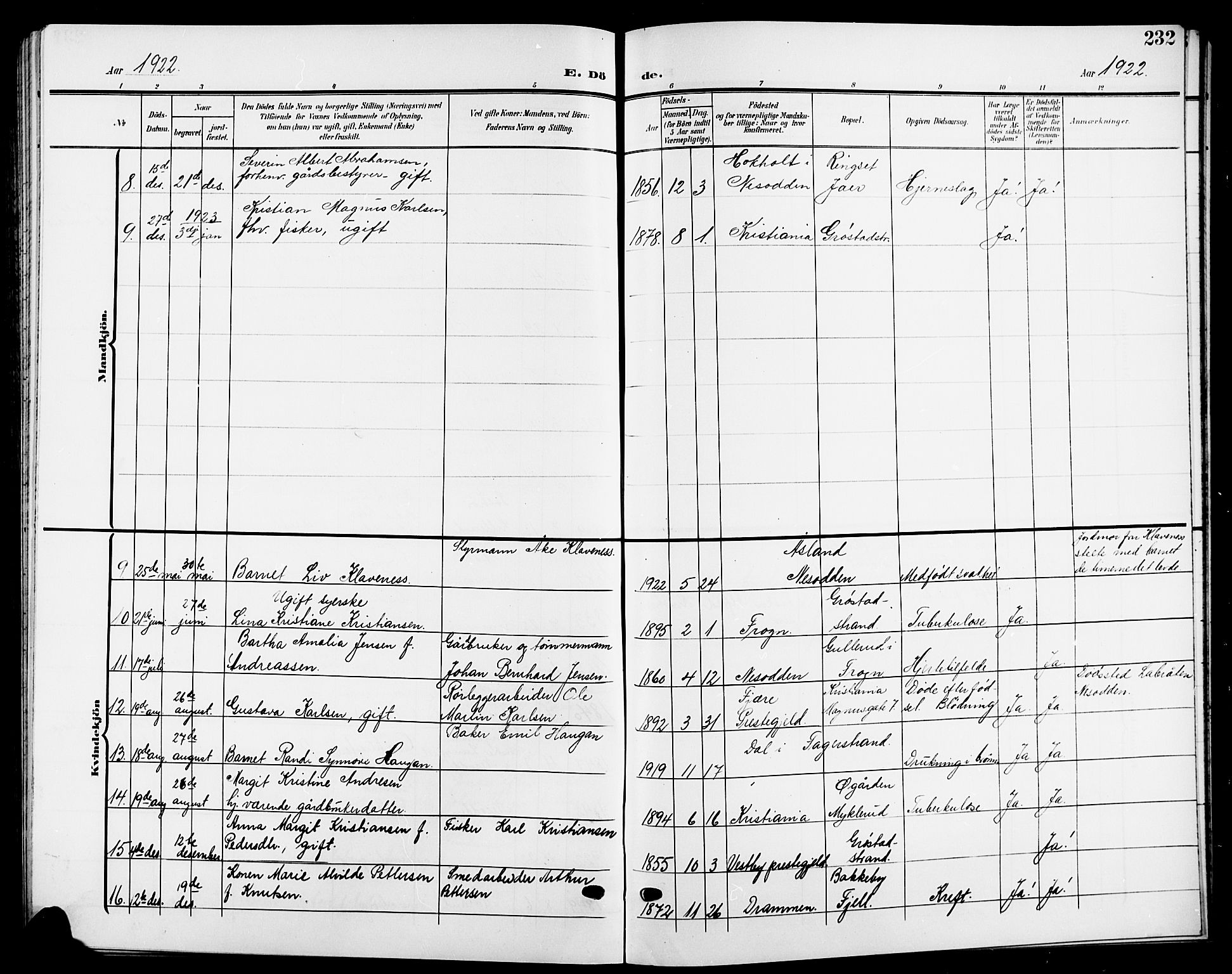 Nesodden prestekontor Kirkebøker, AV/SAO-A-10013/G/Ga/L0002: Klokkerbok nr. I 2, 1905-1924, s. 232