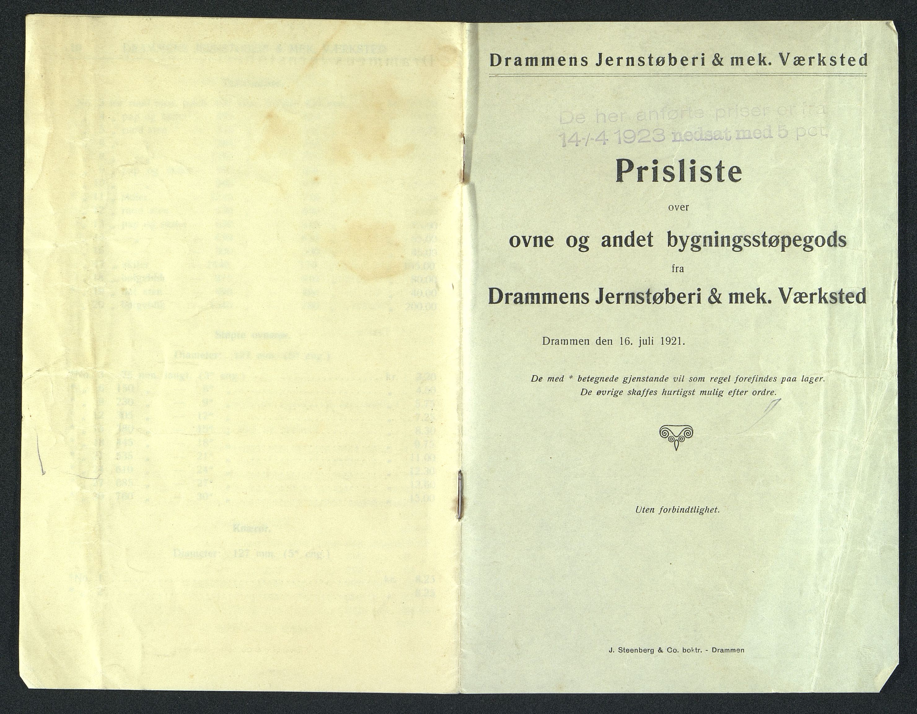 Næs Jernverksmuseets samling av historiske ovnskataloger, NESJ/NJM-006/01/L0038: Drammens Jernstøberi & mek. Værksted, Prisliste over ovne og andet bygningsstøpegods, nedsatte priser fra 14.4.1923, 1923