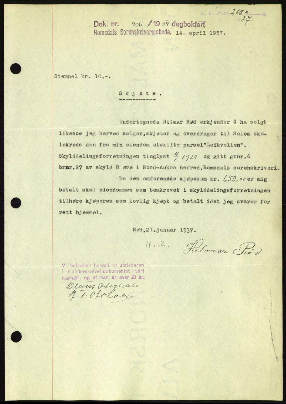 Romsdal sorenskriveri, SAT/A-4149/1/2/2C: Pantebok nr. A3, 1937-1937, Dagboknr: 705/1937