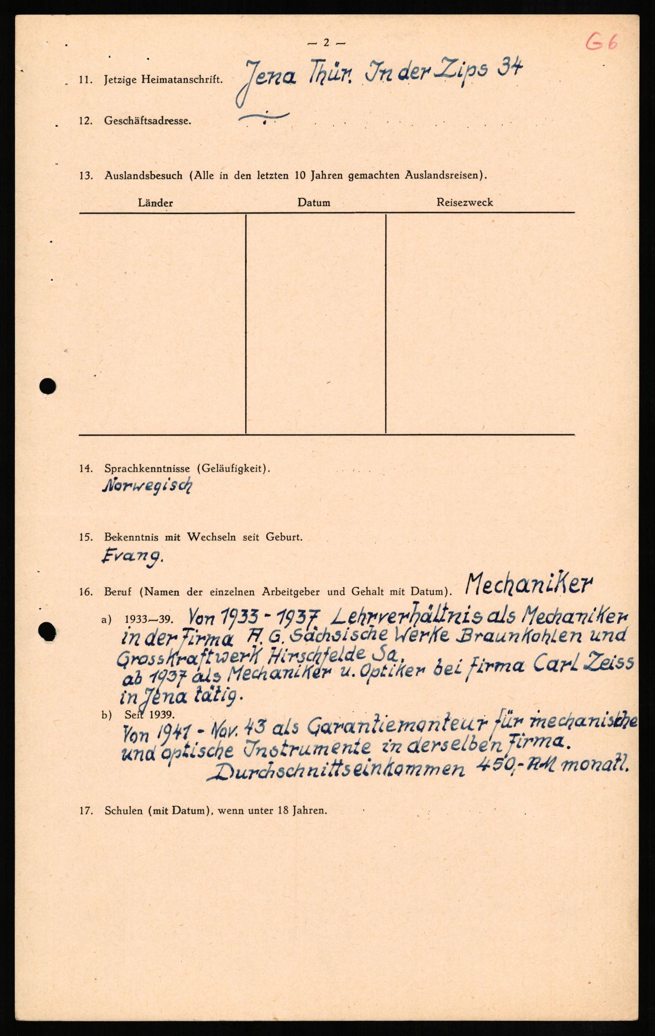 Forsvaret, Forsvarets overkommando II, AV/RA-RAFA-3915/D/Db/L0011: CI Questionaires. Tyske okkupasjonsstyrker i Norge. Tyskere., 1945-1946, s. 16