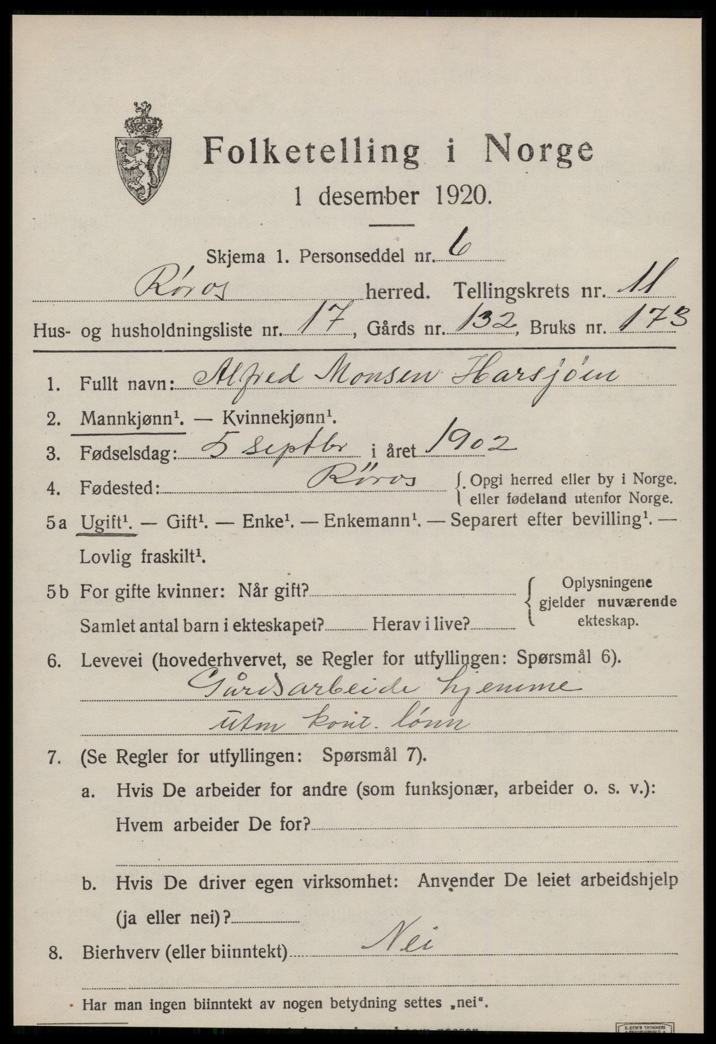 SAT, Folketelling 1920 for 1640 Røros herred, 1920, s. 8798